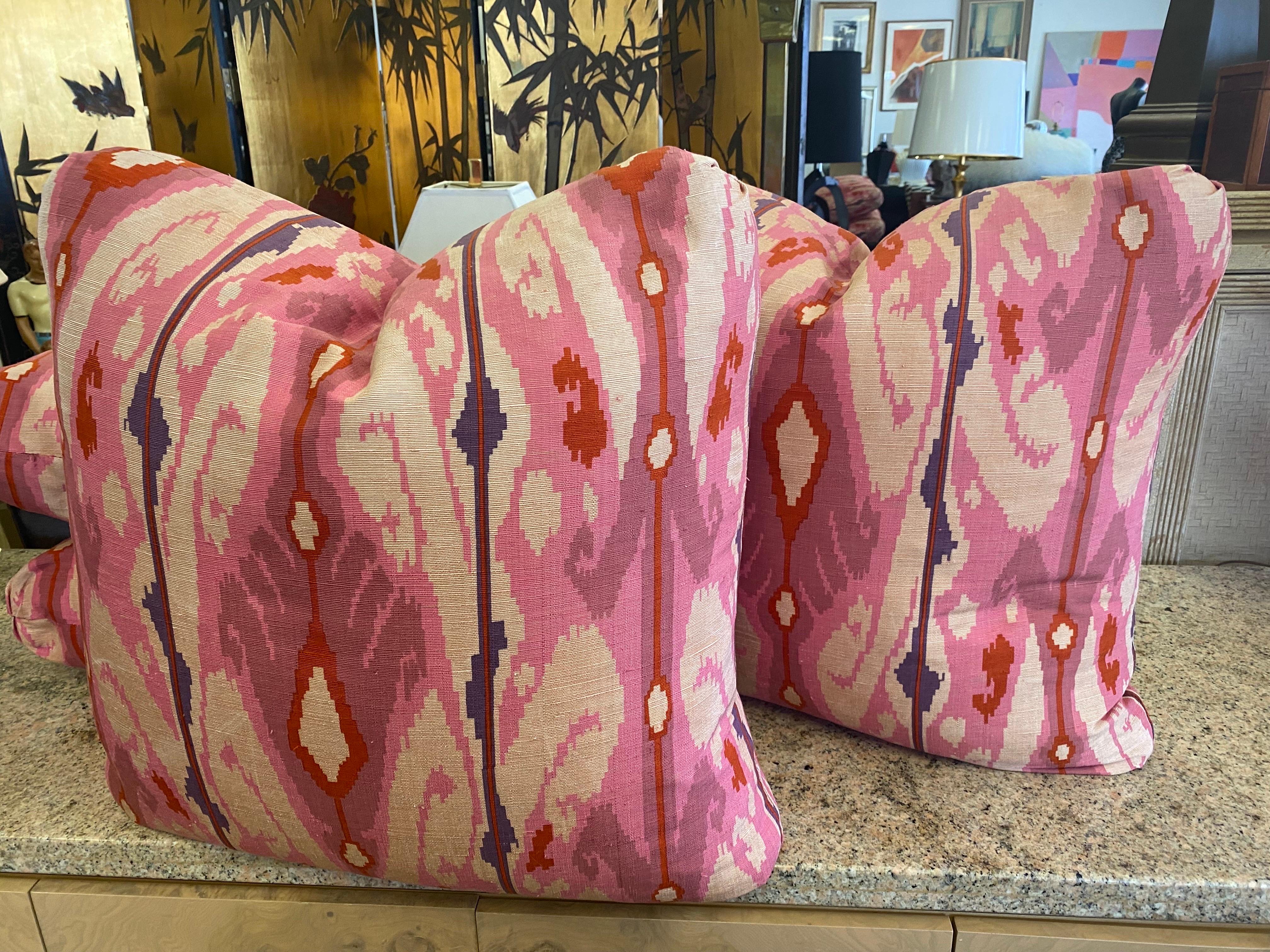 Hand-Crafted Steve Chase Modern Ikat Print in Pink and Tan Designed Pillows (8 Available) For Sale