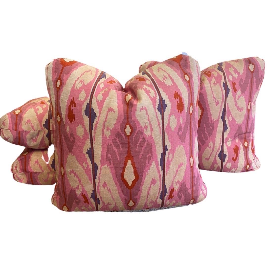 Fabric Steve Chase Modern Ikat Print in Pink and Tan Designed Pillows (8 Available) For Sale