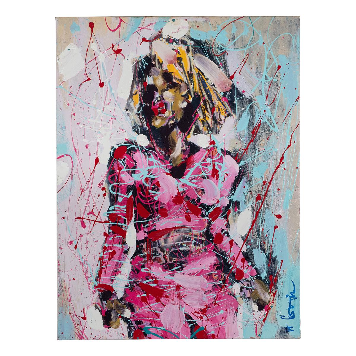 Modern impressionistic portrait of a woman in pink by Costain. Oil on canvas.