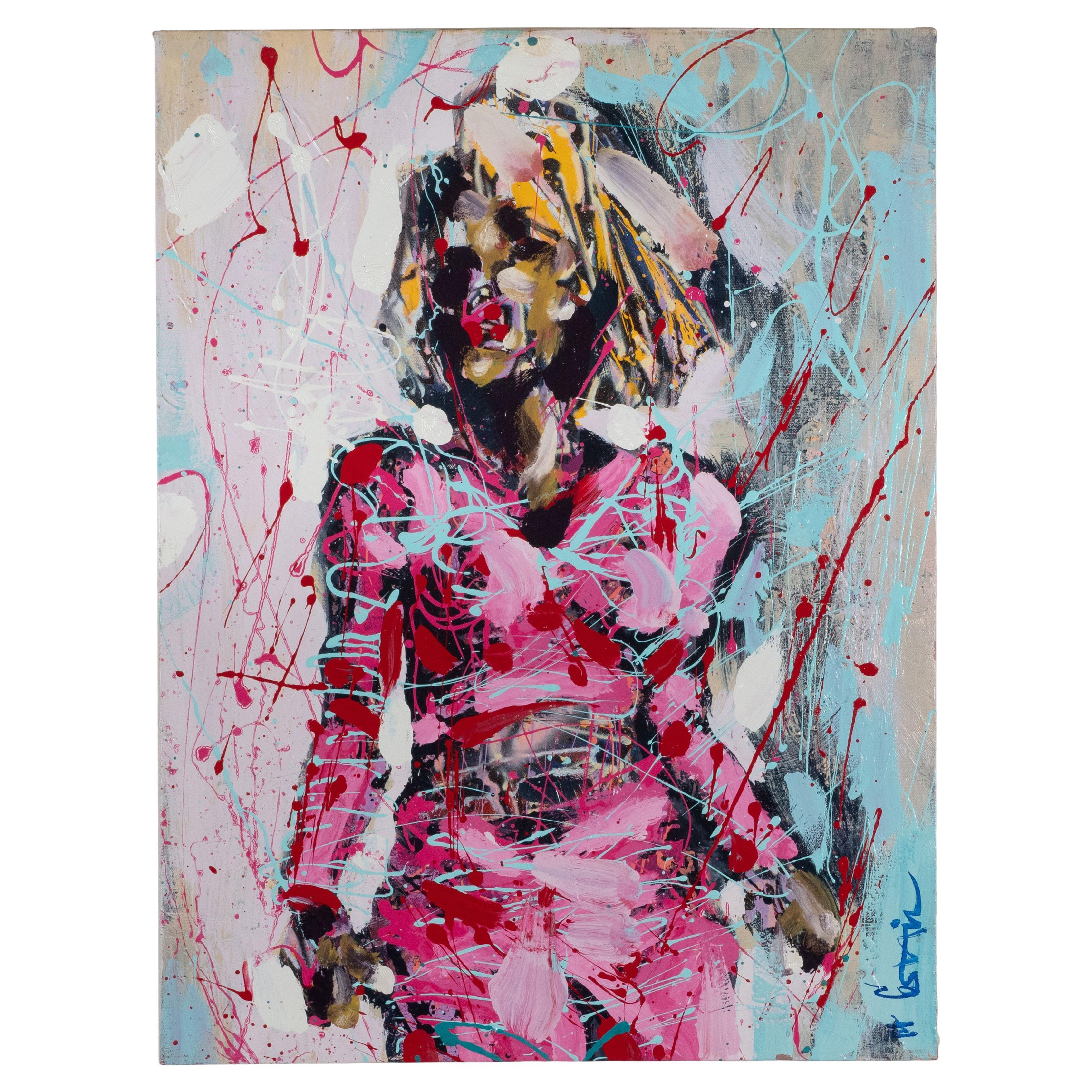 Modern Impressionistic Portrait of a Woman in Pink by Costain For Sale