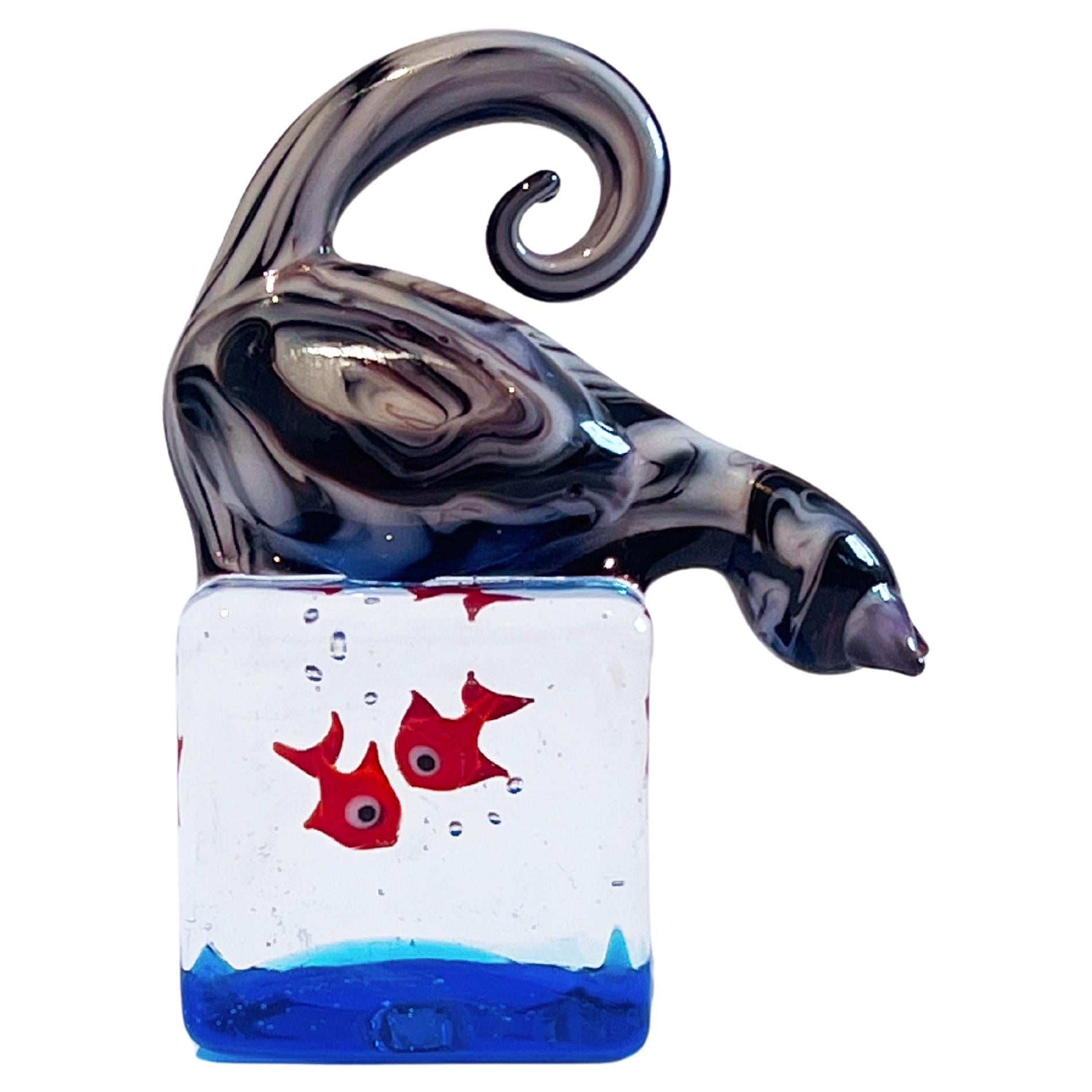 Acuario moderno de cristal de Murano con peces y gato, de C. Tagliapietra, Italia