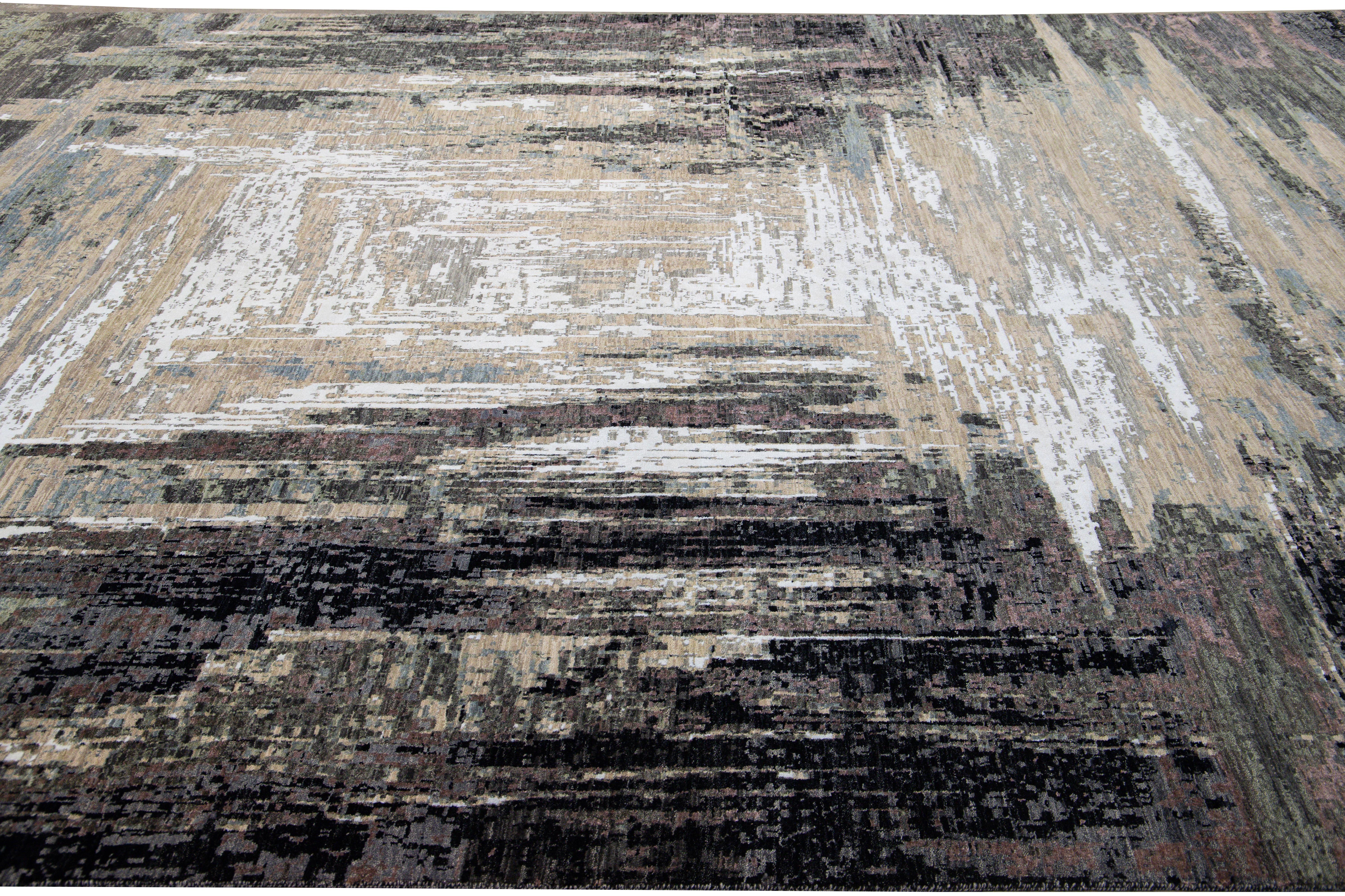Modern Indian Abstract Beige and Gray Handmade Wool and Silk Rug For Sale 1
