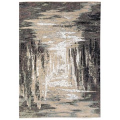 Modern Indian Abstract Beige and Gray Handmade Wool and Silk Rug