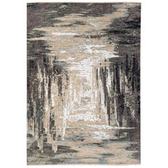 Modern Indian Abstract Beige and Gray Handmade Wool and Silk Rug