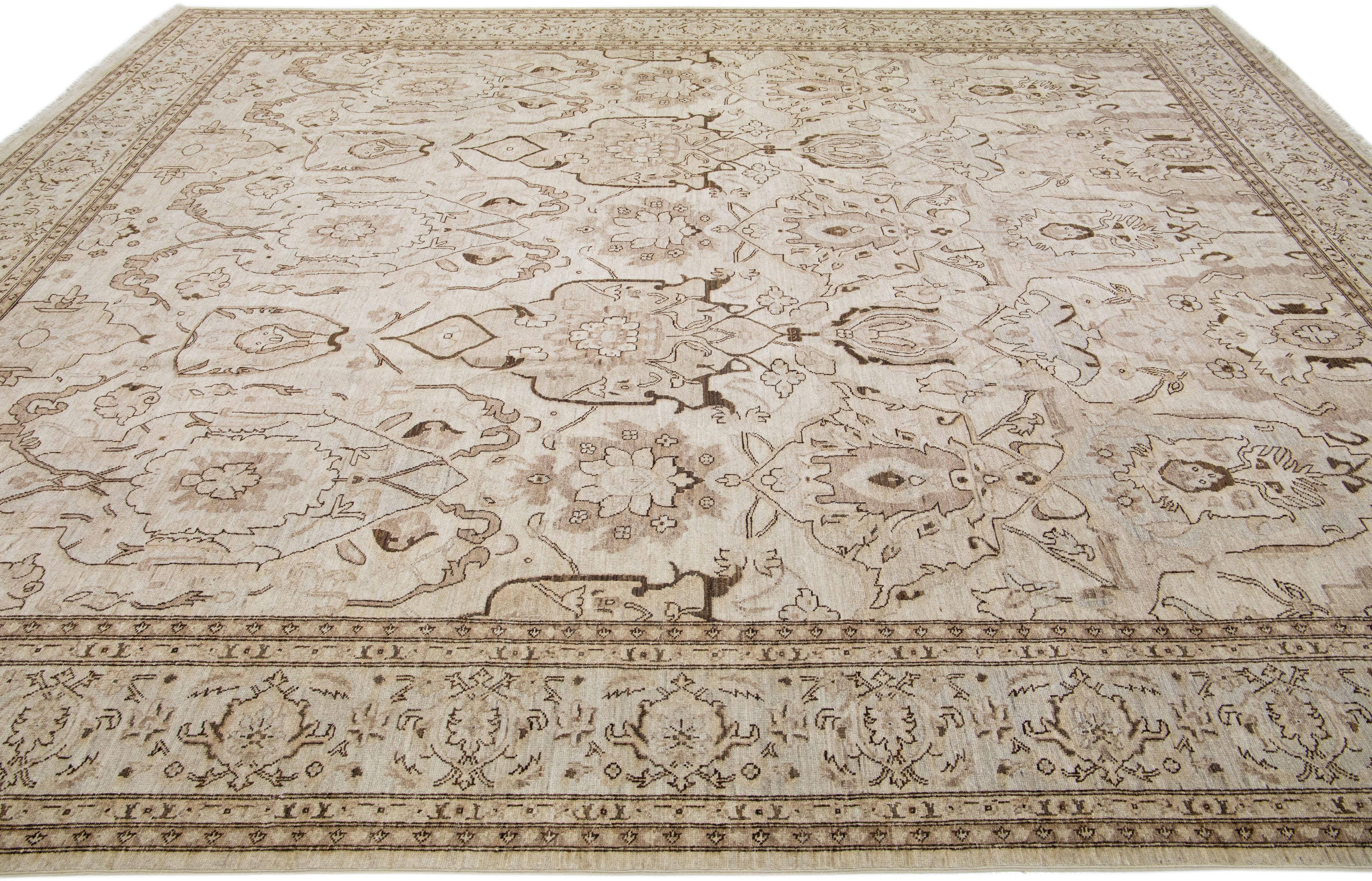 Contemporary Modern Indian Agra Handmade Beige Wool Rug With Allover Pattern  For Sale