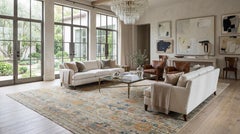 Modern Indian Agra-Inspired Hand-Knotted Wool Area Rug Muted Gray, Blue, & Rust
