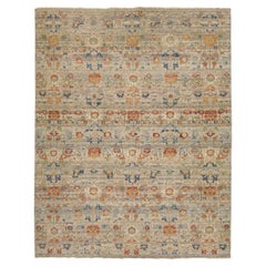 Modern Indian Agra-Inspired Hand-Knotted Wool Area Rug Muted Gray, Blue, & Rust
