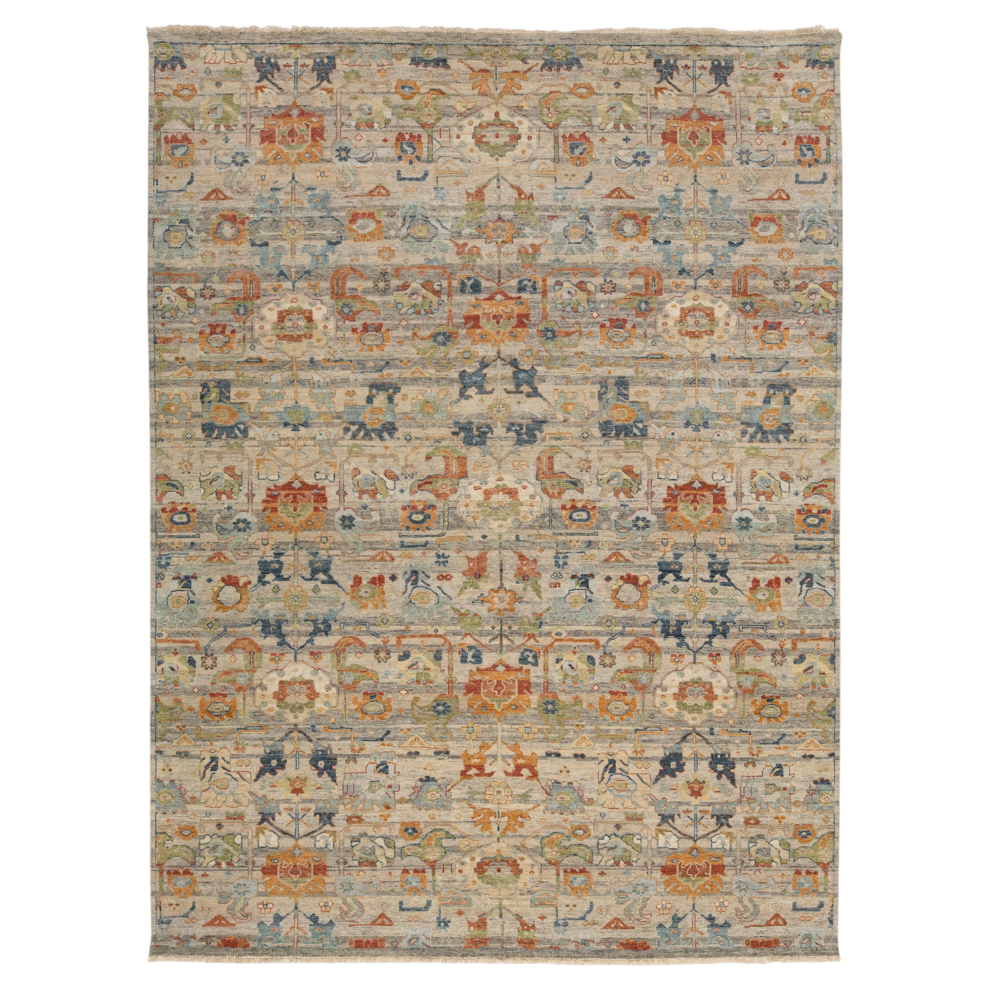 Modern Indian Agra Style Wool Area Rug Muted Gray, Terracotta & Sage Green 9x12
