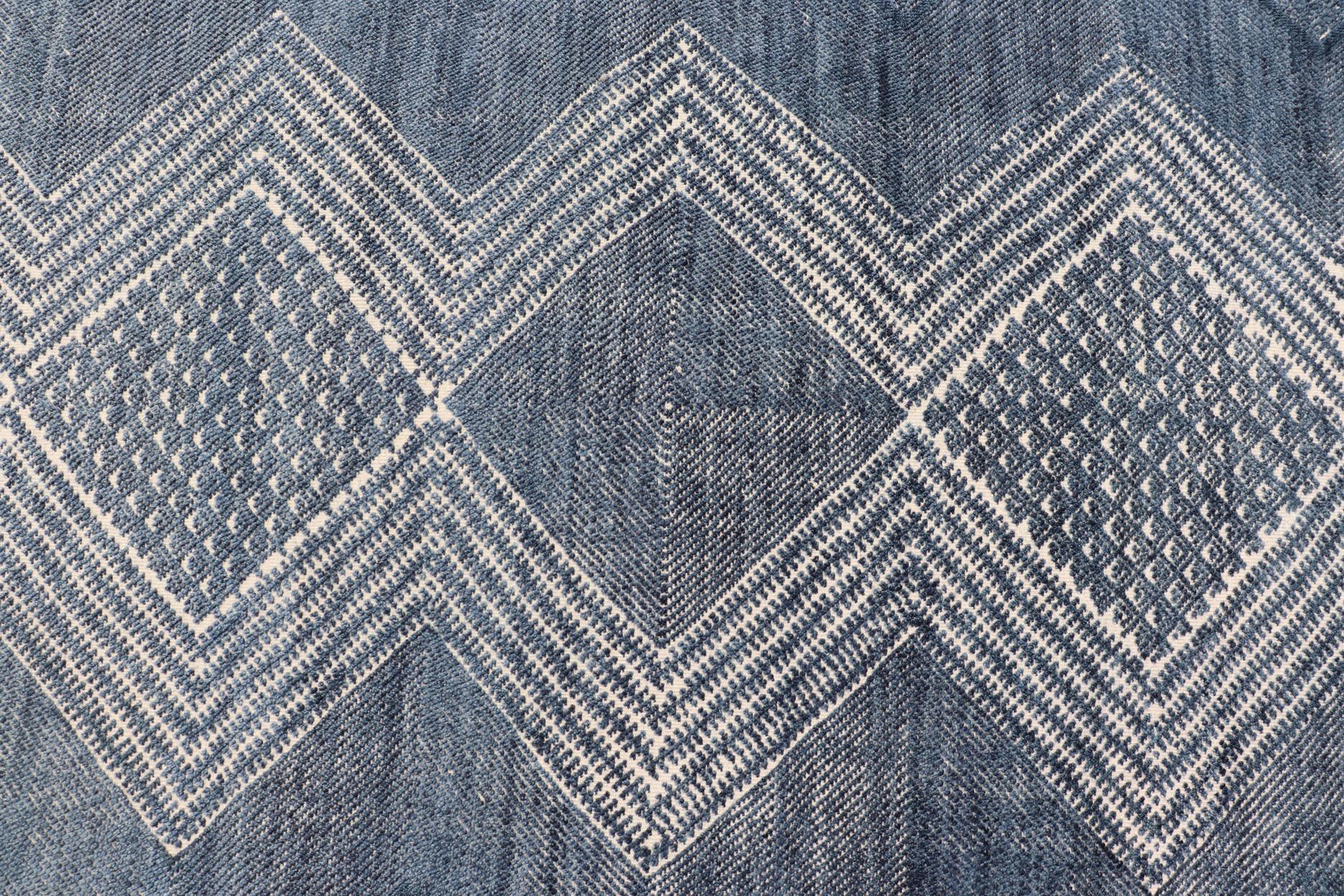 Modern Indian Area Rug with Tribal Design in Denim Blue and Ivory For Sale 4