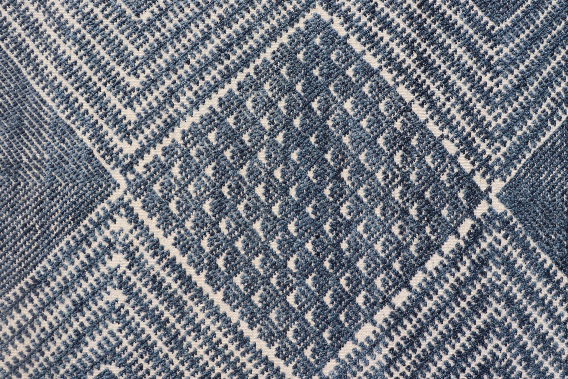 Hand-Knotted Modern Indian Area Rug with Tribal Design in Denim Blue and Ivory For Sale