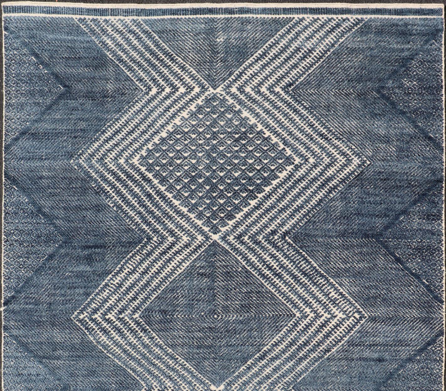 Contemporary Modern Indian Area Rug with Tribal Design in Denim Blue and Ivory For Sale