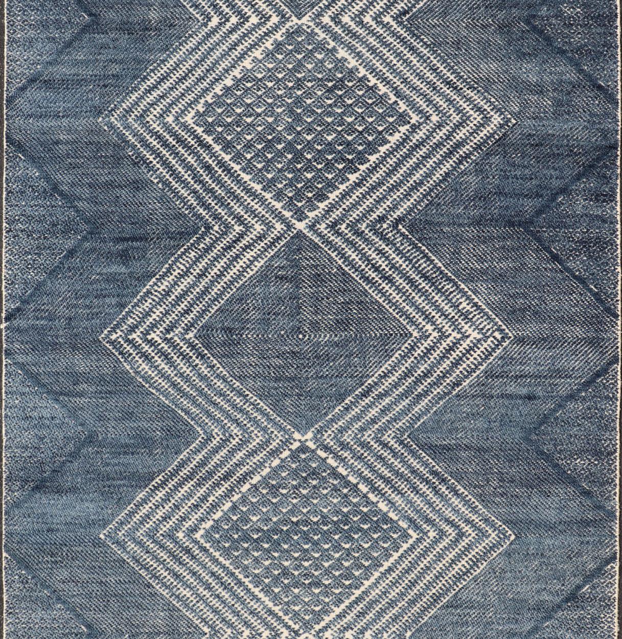 Wool Modern Indian Area Rug with Tribal Design in Denim Blue and Ivory For Sale