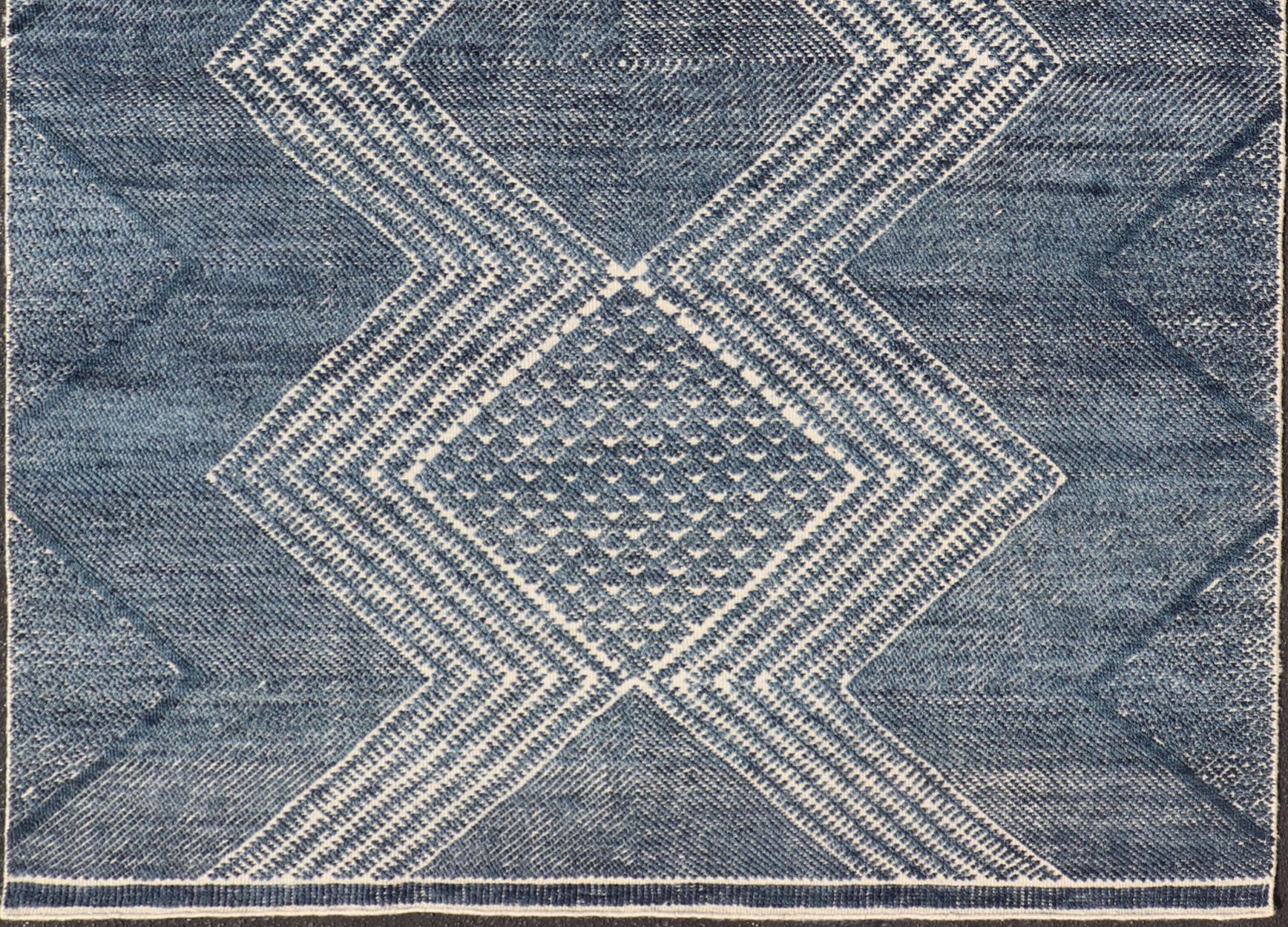 Modern Indian Area Rug with Tribal Design in Denim Blue and Ivory For Sale 1