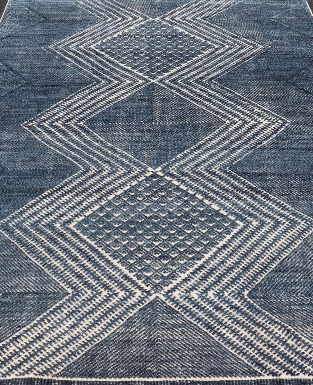 Modern Indian Area Rug with Tribal Design in Denim Blue and Ivory For Sale 2