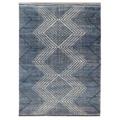 Modern Indian Area Rug with Tribal Design in Denim Blue and Ivory