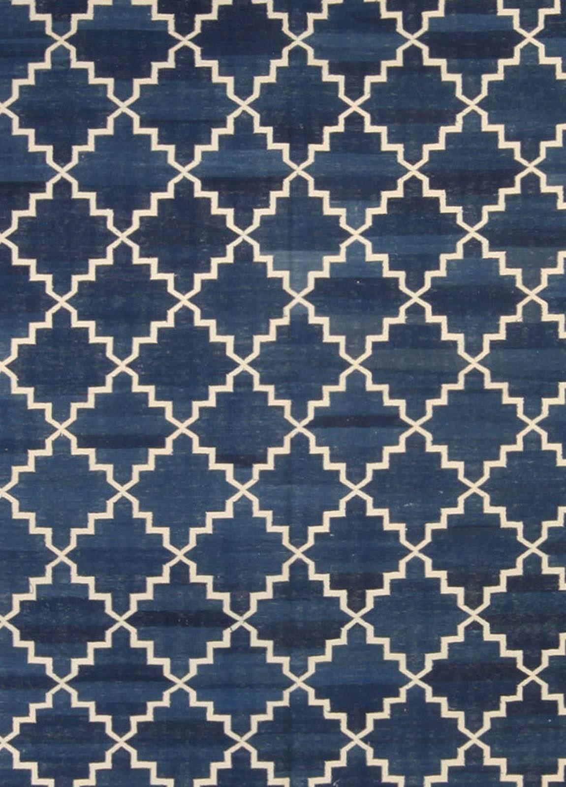 Modern Indian Dhurrie blue, white handmade cotton rug by Doris Leslie Blau
Size: 11.10