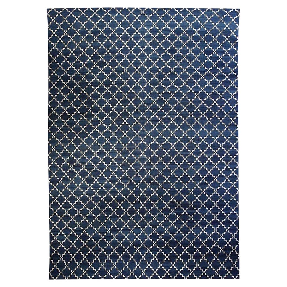 Indian Dhurrie Design Blue and White Handmade Cotton Rug by Doris
