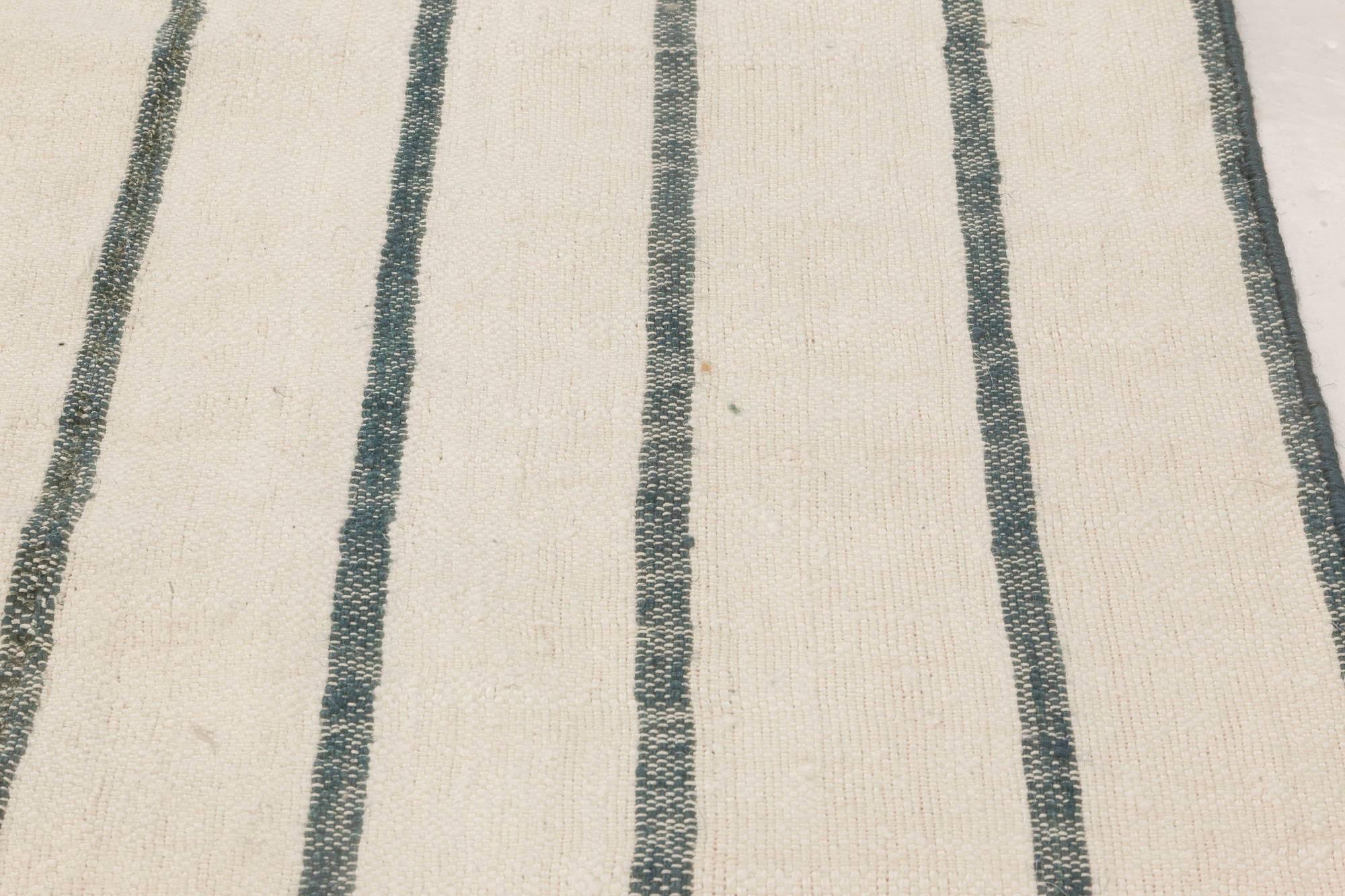 Hand-Knotted Modern Indian Dhurrie White and Blue Striped Runner by Doris Leslie Blau For Sale