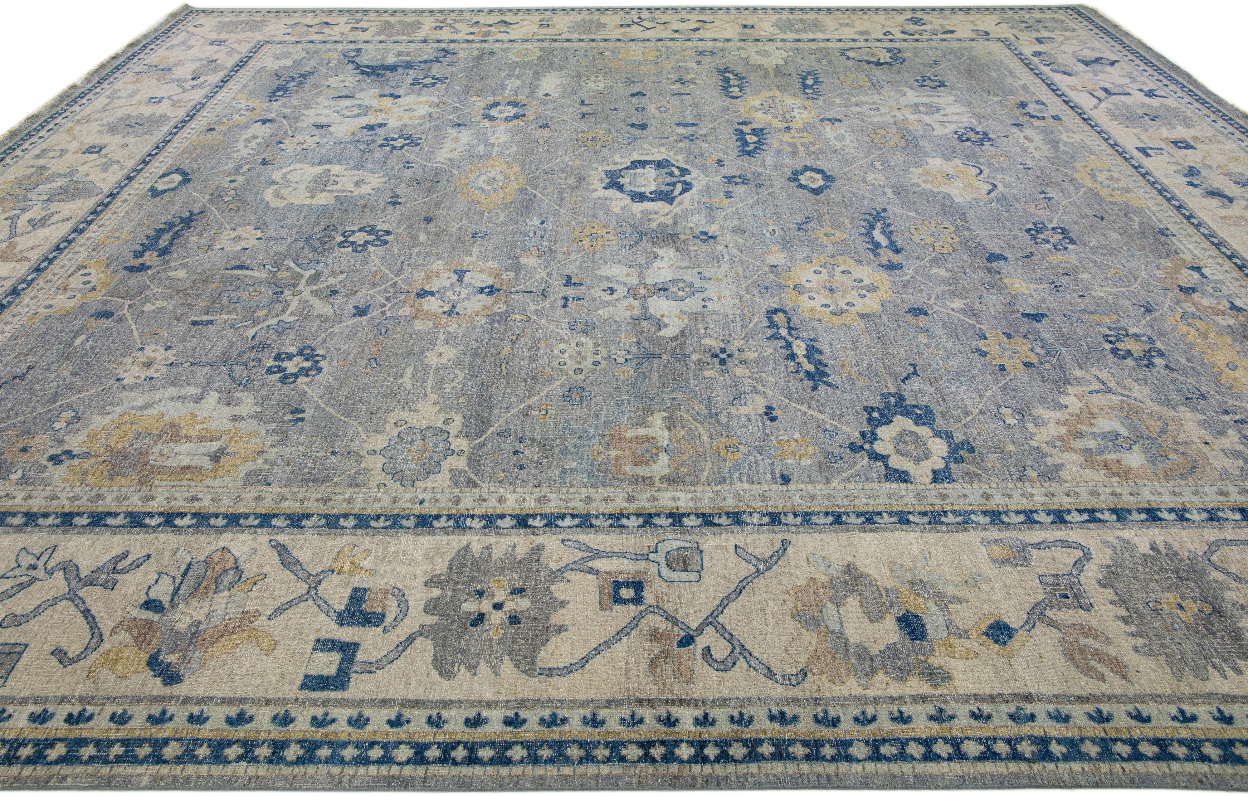 Modern Indian Gray Handmade Wool Rug with Floral Motif by Apadana In New Condition For Sale In Norwalk, CT