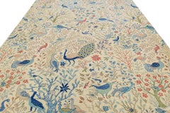 Modern Indian Hand-Knotted Beige Wool Rug - Whimsical "Tree of Life" Bird Motif