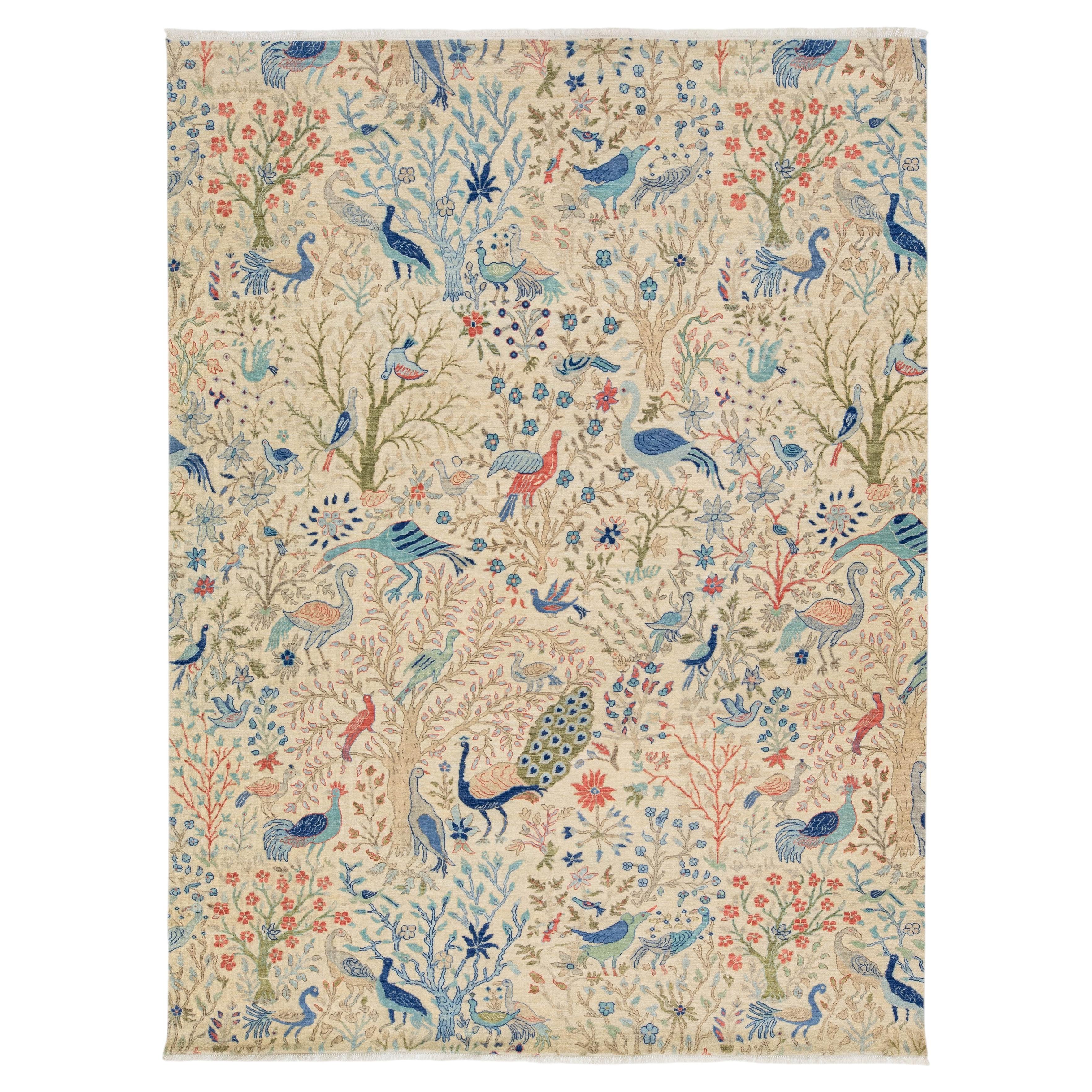 Modern Indian Hand-Knotted Beige Wool Rug - Whimsical "Tree of Life" Bird Motif