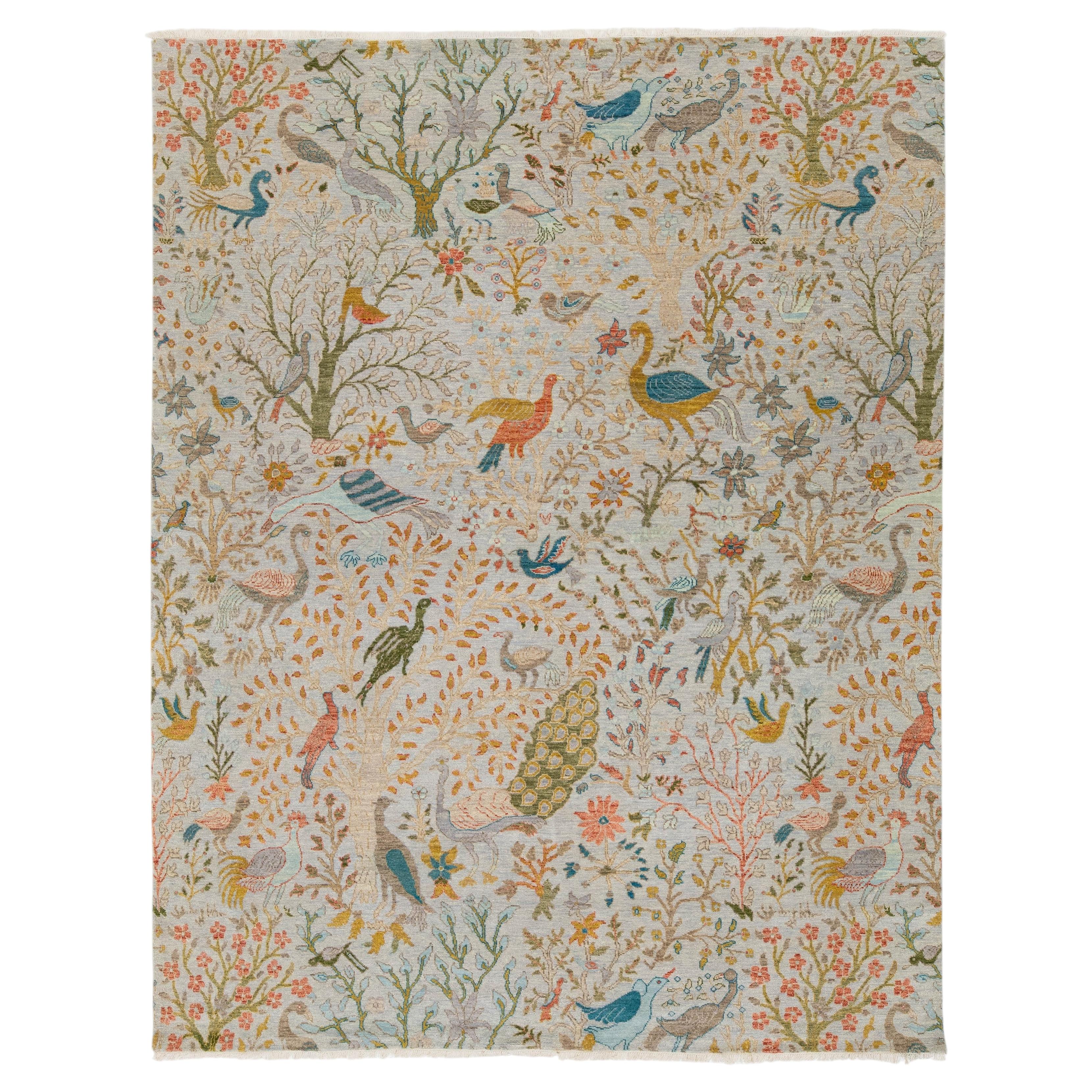 Whimsical Garden Paradise Modern Indian Wool Rug - Soft Blue and Coral ...