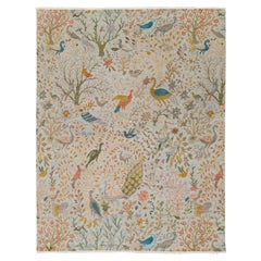 Modern Indian Hand-Knotted Wool Area Rug – Whimsical "Tree of Life" Bird Design