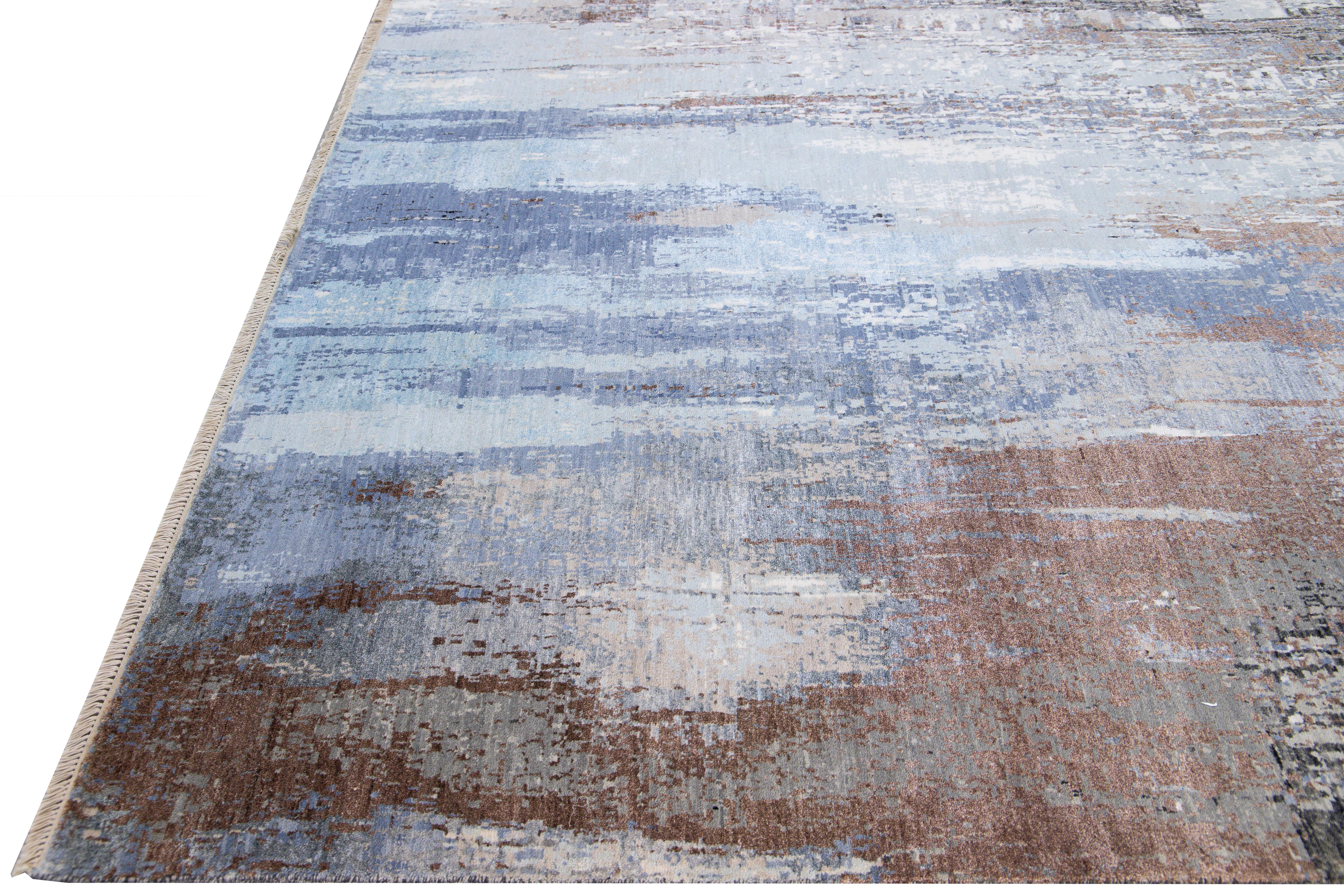 Modern Indian Handmade Abstract Blue Wool and Silk Rug In New Condition For Sale In Norwalk, CT