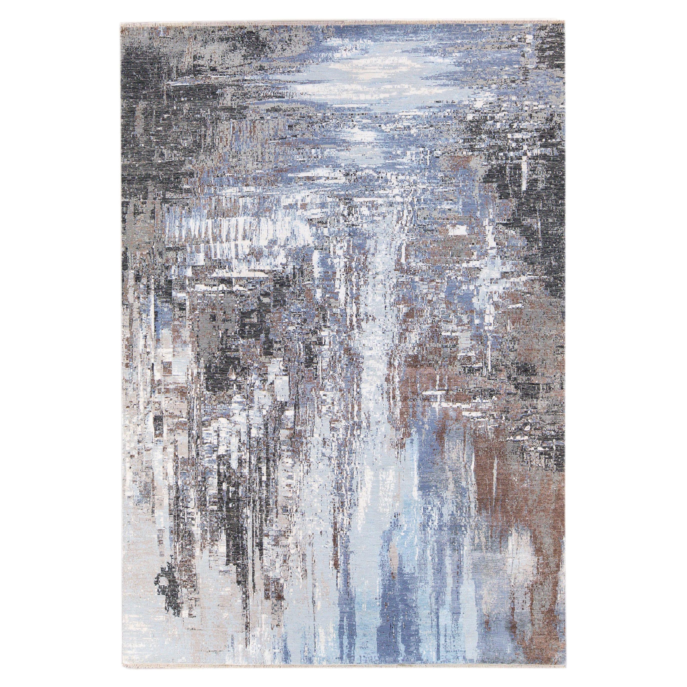 Modern Indian Handmade Abstract Blue Wool and Silk Rug For Sale