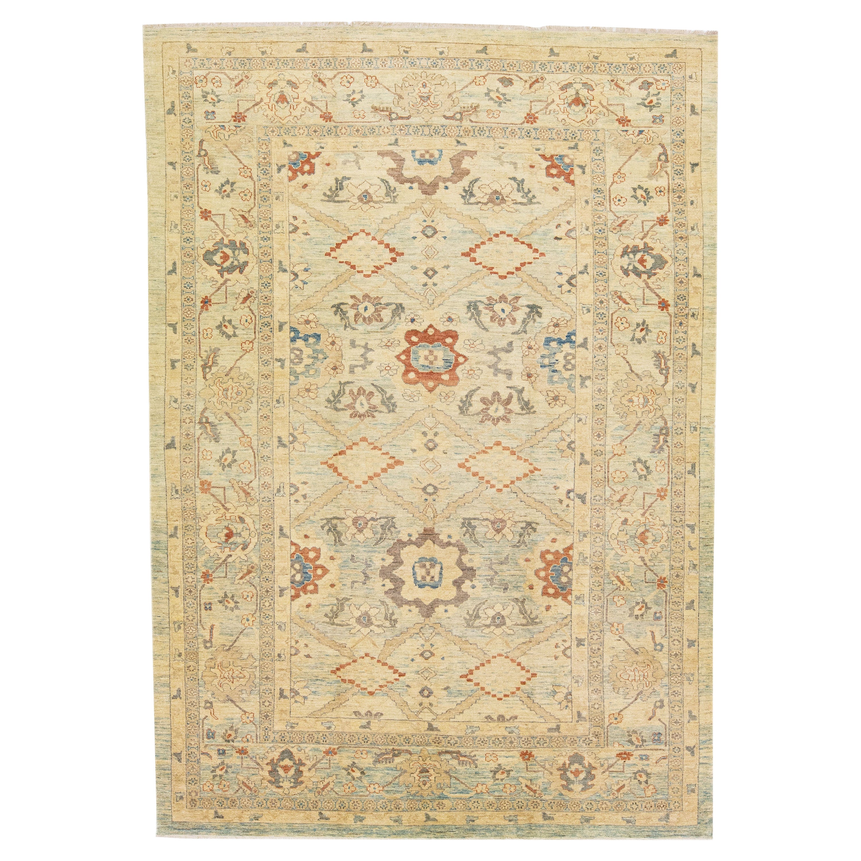 Tappeto moderno indiano fatto a mano in lana beige con motivo geometrico