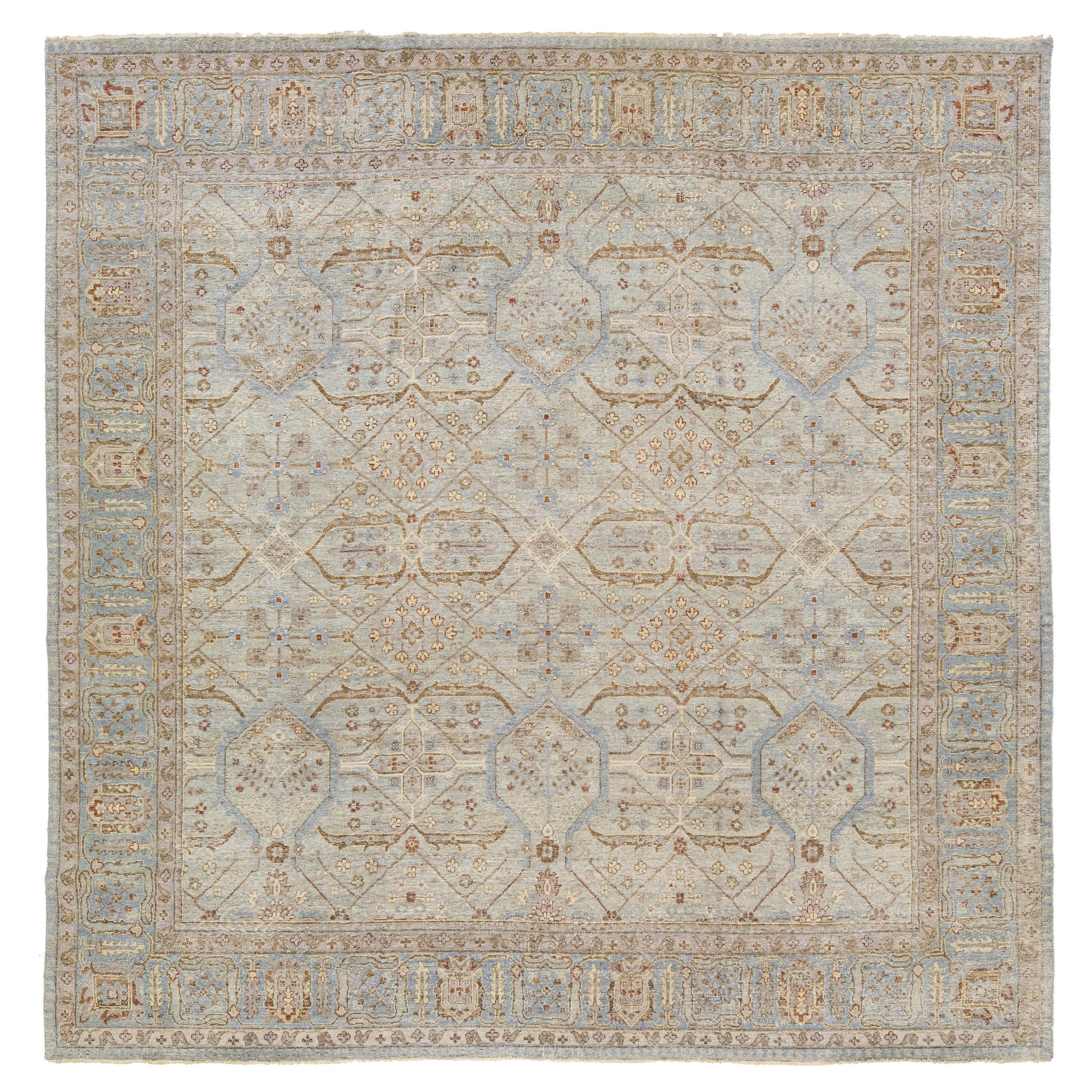 Tapis géométrique indien moderne fait à la main en laine gris clair par Apadana