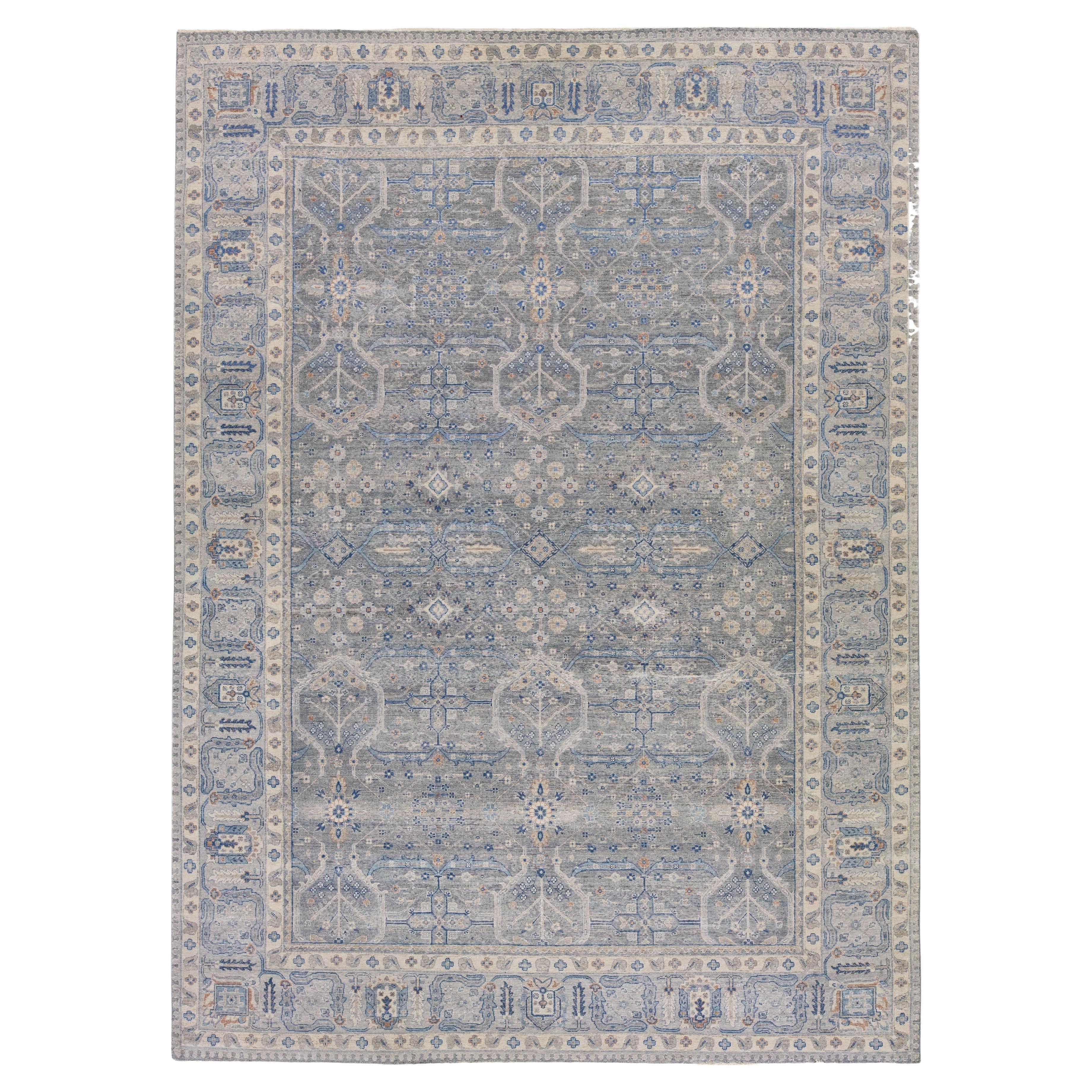 Modern Indian Handmade Gray Floral Wool Rug by Apadana