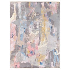 Modern Indian Handmade Multicolor Abstract Wool and Silk Rug