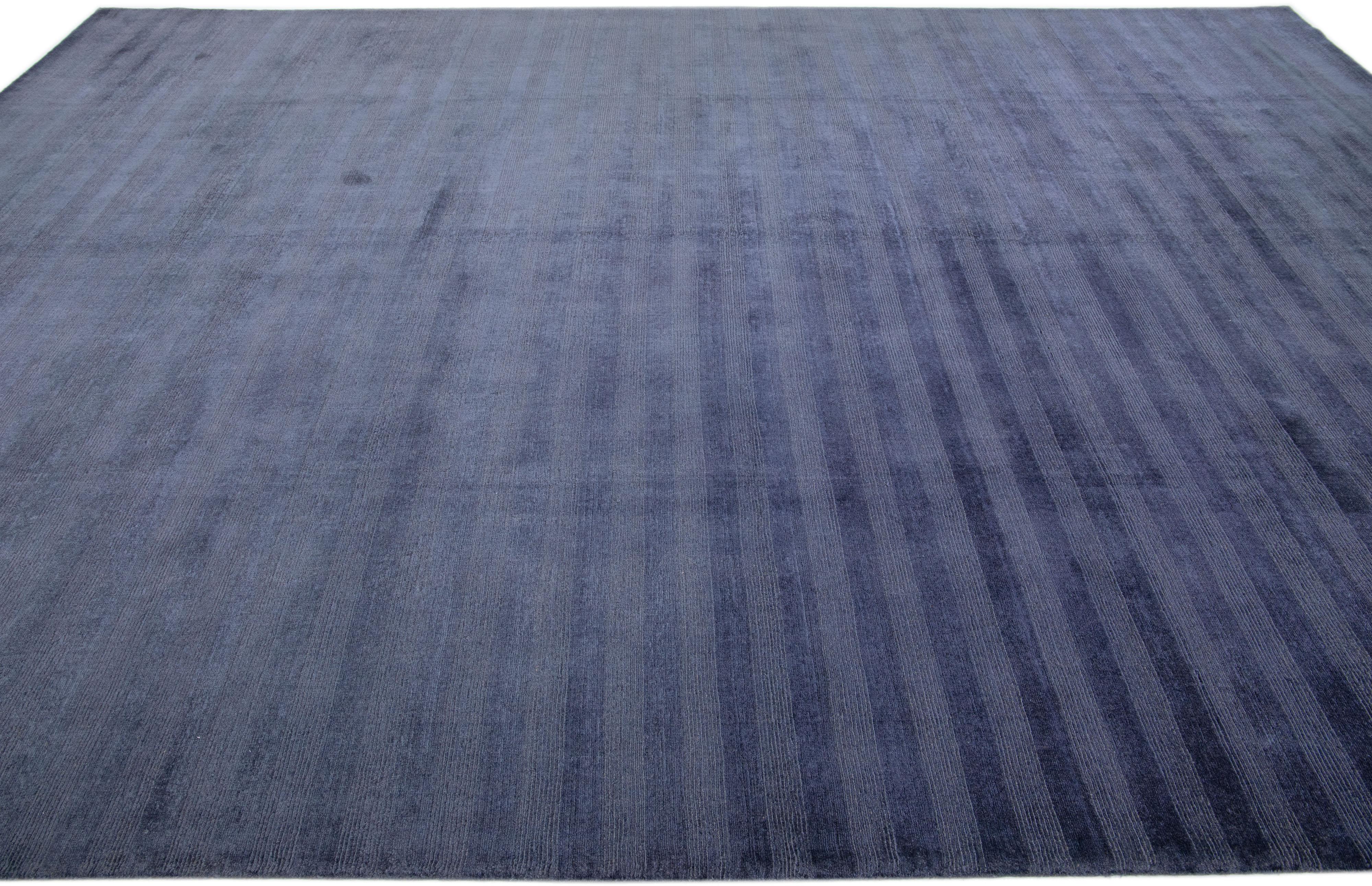 Hand-Knotted Modern Indian Handmade Solid Blue Room Size Wool Rug For Sale