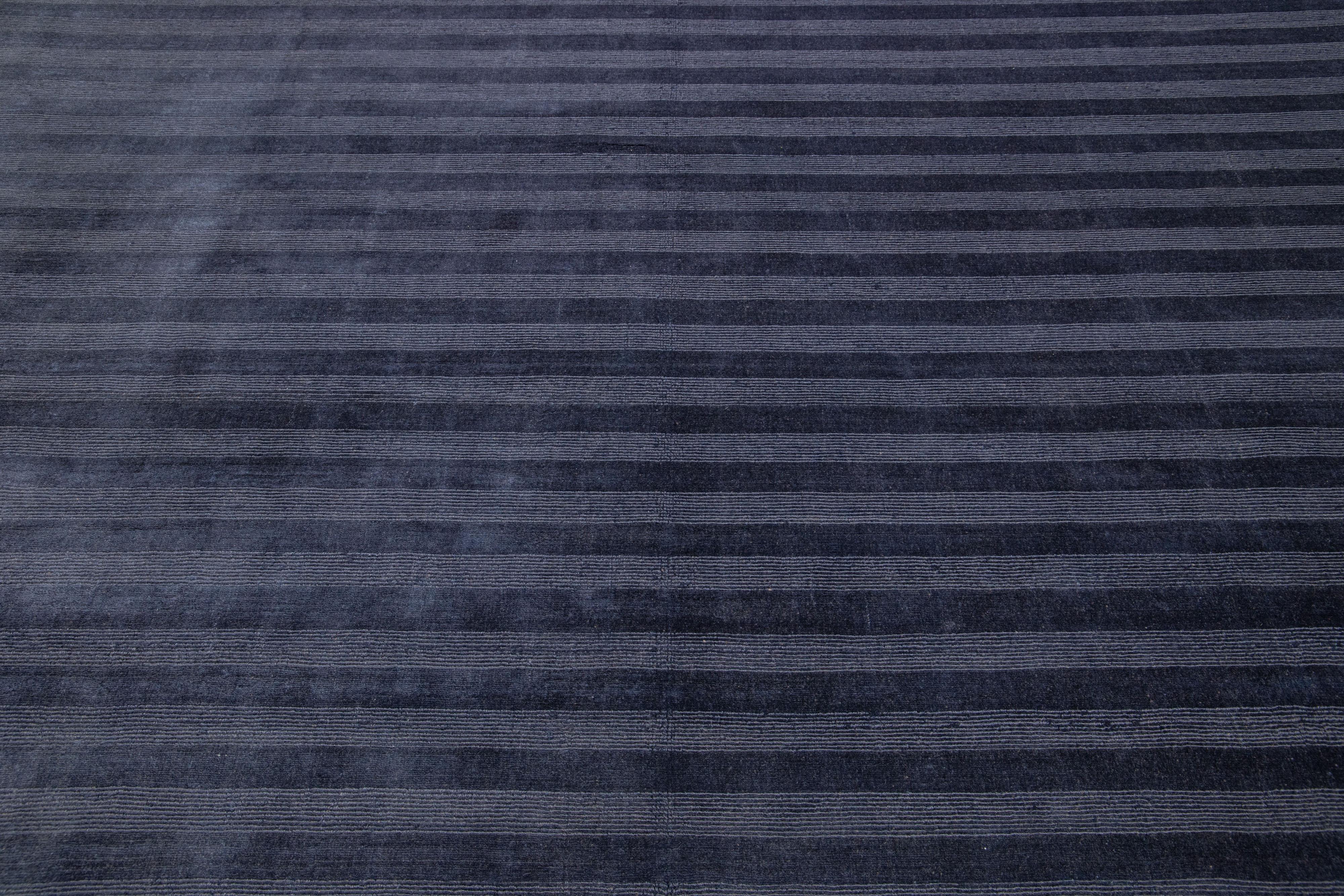 Contemporary Modern Indian Handmade Solid Blue Room Size Wool Rug For Sale