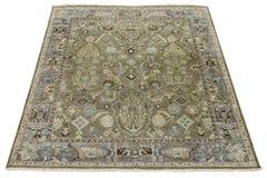 Modern Indian Heriz Style Wool Rug Handmade in Muted Green with Allover Design