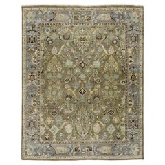 Modern Indian Heriz Style Wool Rug Handmade in Muted Green with Allover Design