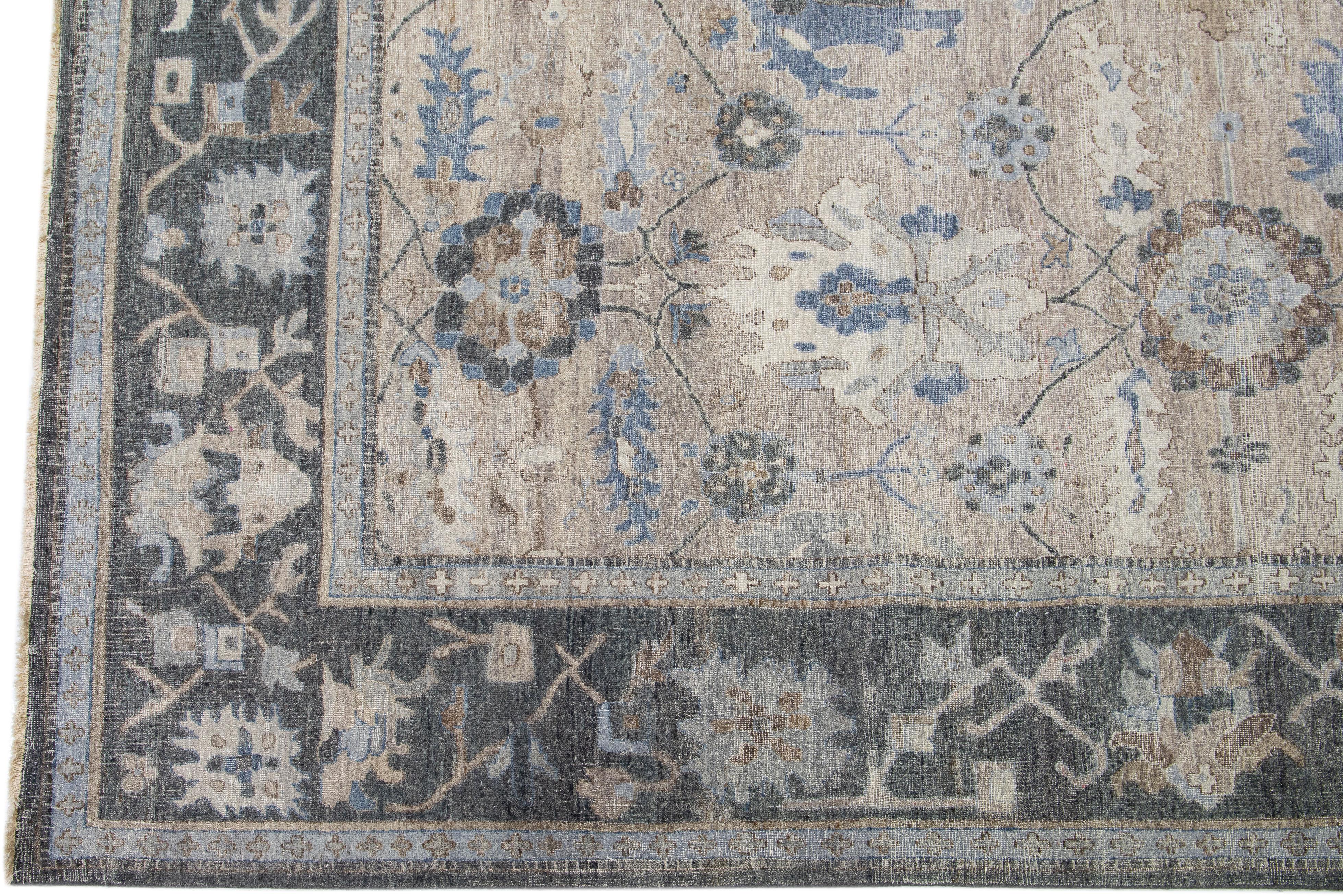 Hand-Knotted Modern Indian Mahal Brown Handmade Floral Wool Rug by Apadana For Sale