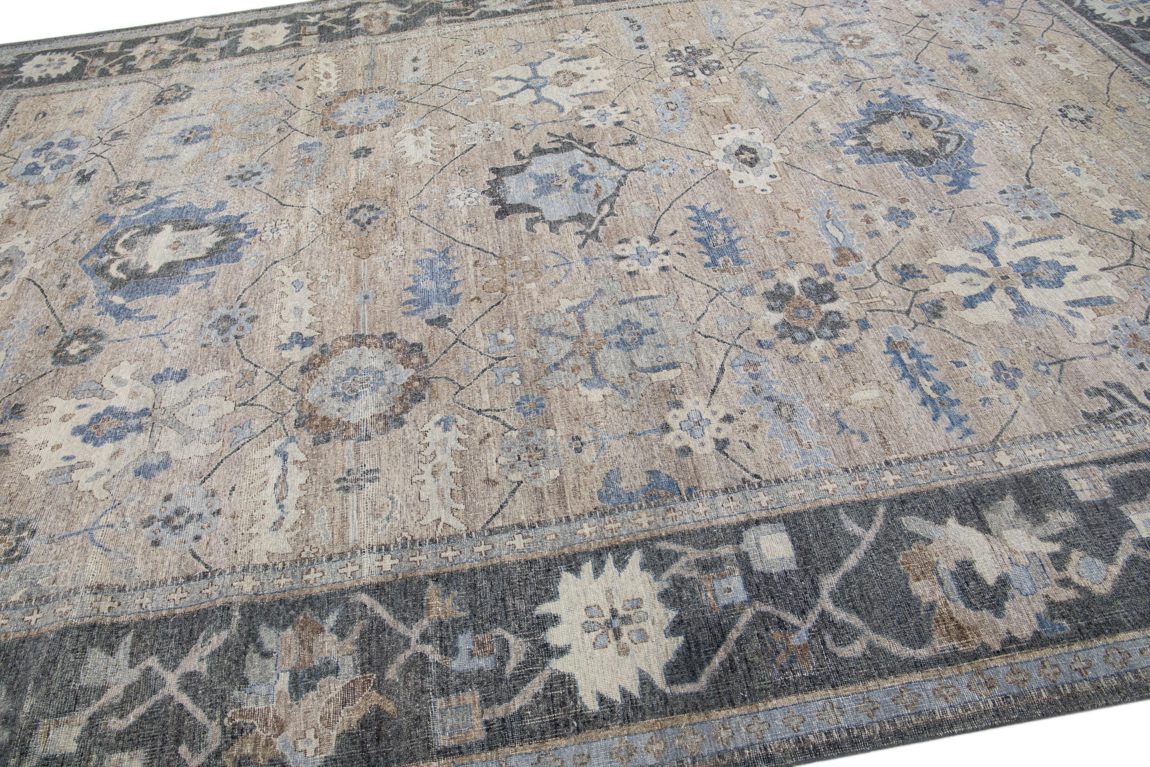 Modern Indian Mahal Brown Handmade Floral Wool Rug by Apadana In New Condition For Sale In Norwalk, CT