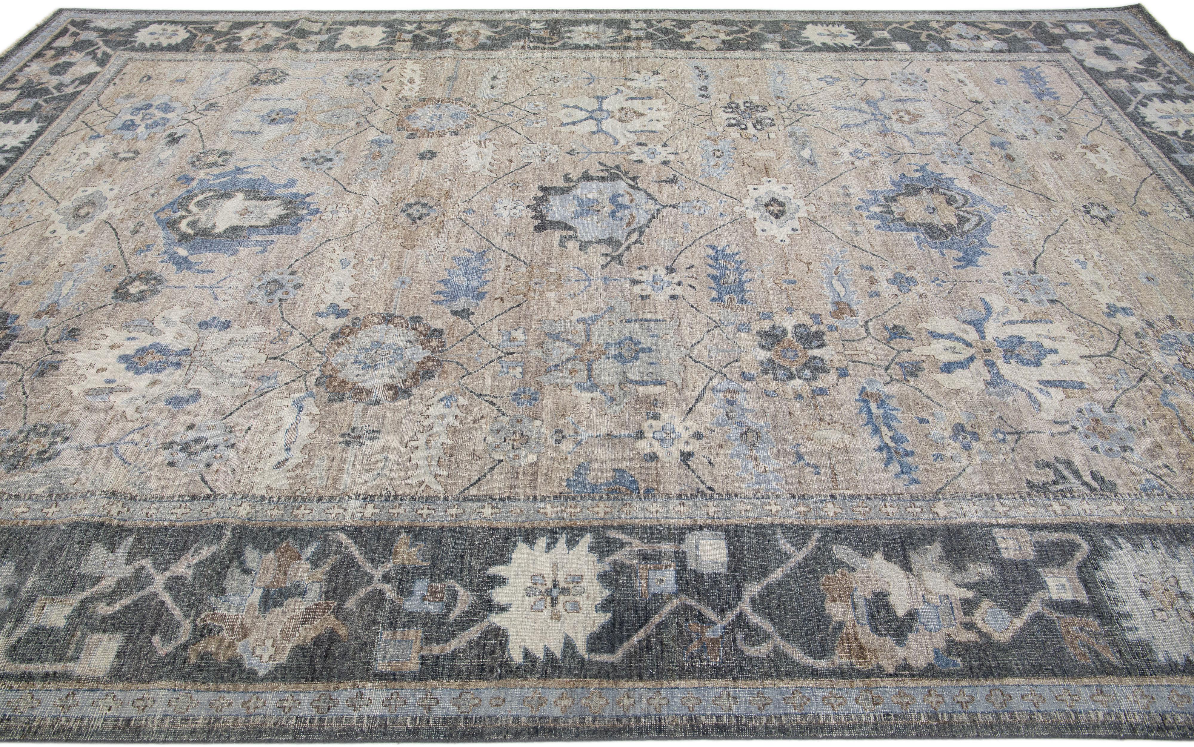 Contemporary Modern Indian Mahal Brown Handmade Floral Wool Rug by Apadana For Sale