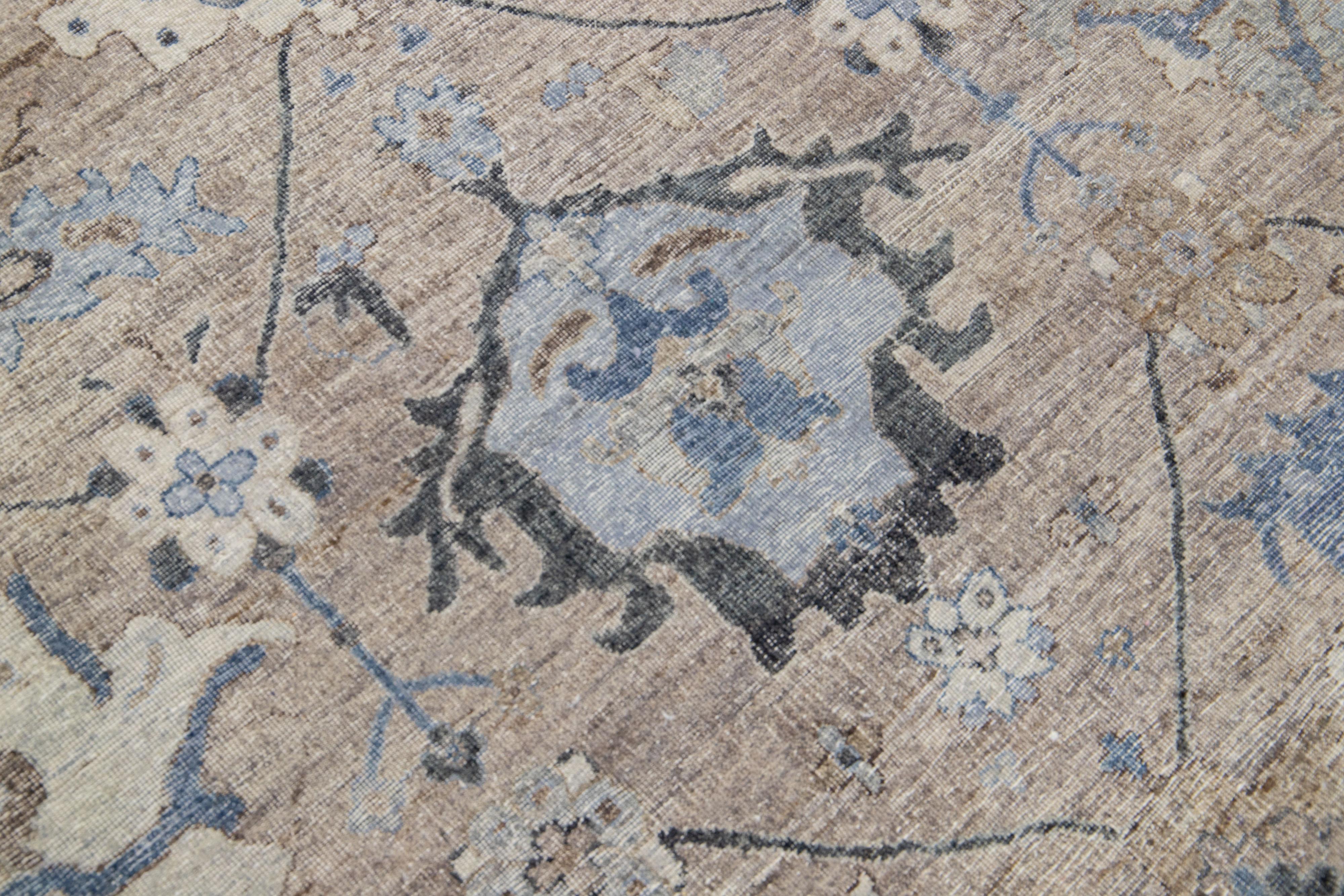 Modern Indian Mahal Brown Handmade Floral Wool Rug by Apadana For Sale 1