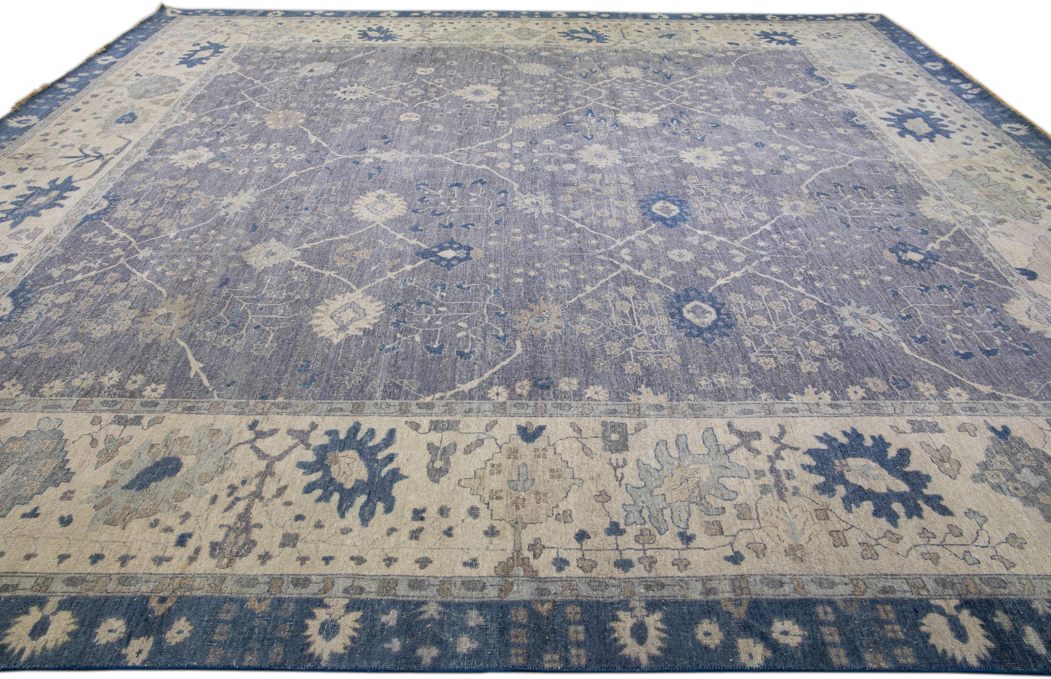 Modern Indian Mahal Square Wool Rug in Gray With Floral Motif by Apadana In New Condition For Sale In Norwalk, CT