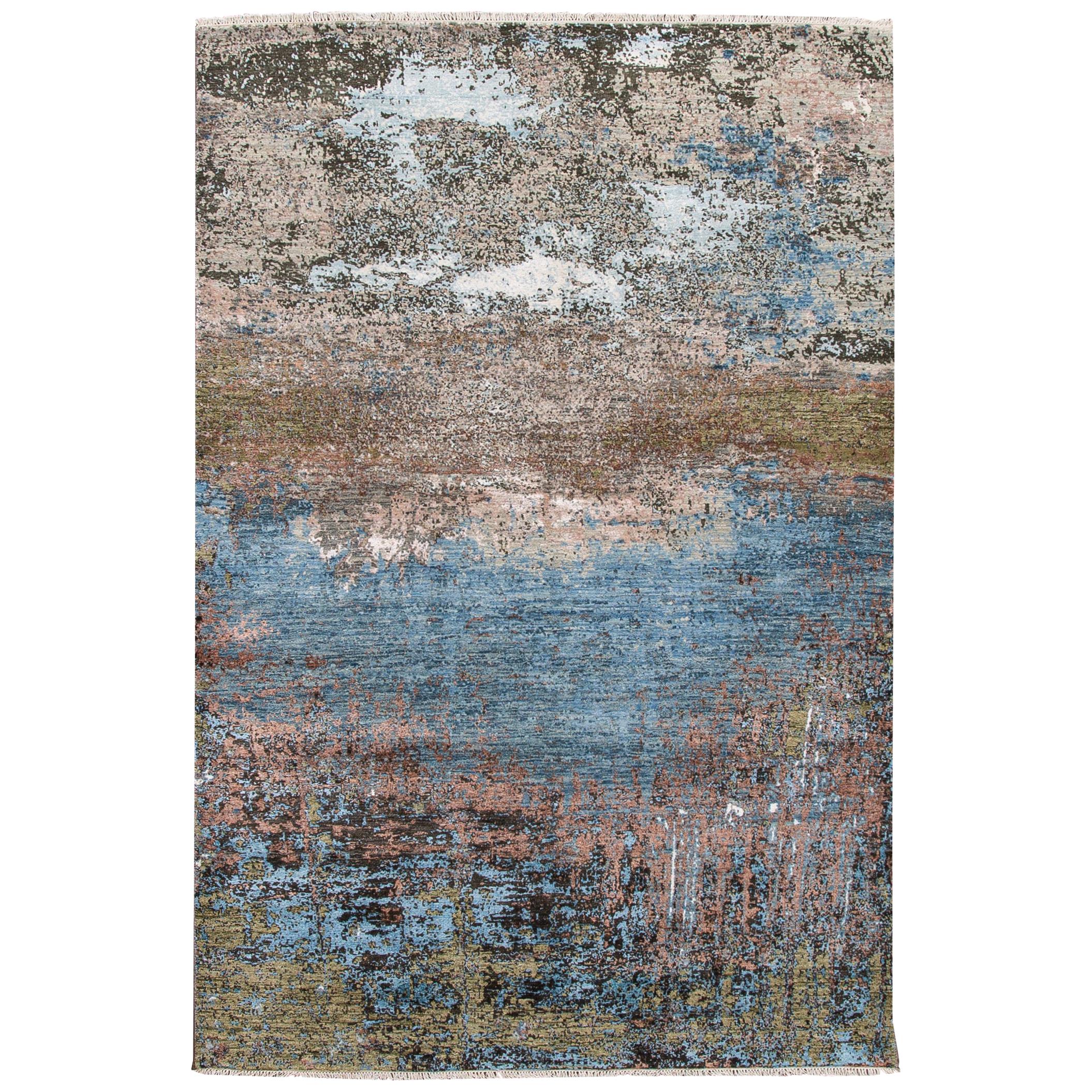 Modern Indian Handmade Multicolor Abstract Wool and Silk Rug For Sale