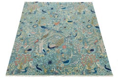 Modern Indian Oushak-Style Wool Rug - Teal Garden of Birds Design 9x12
