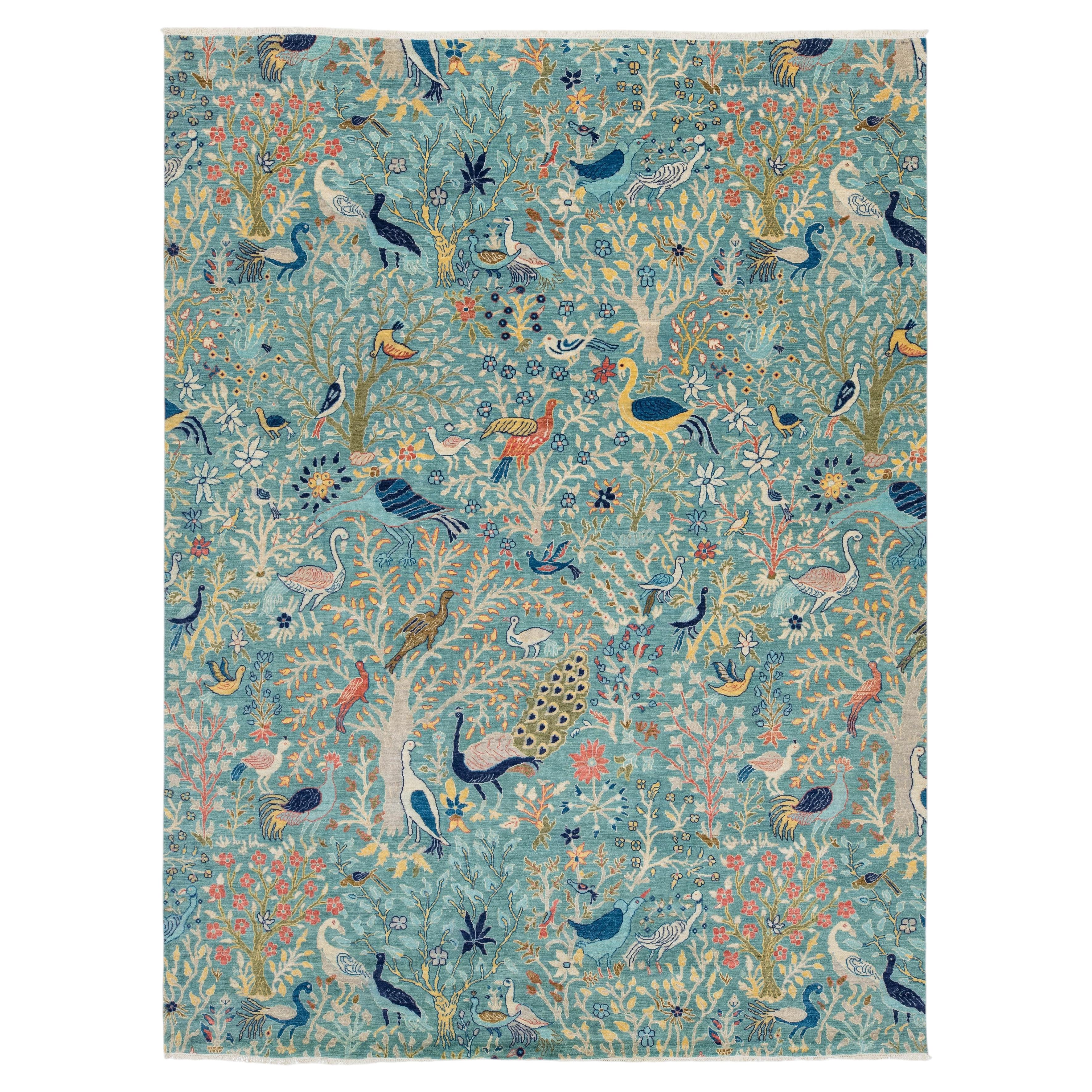 Modern Indian Oushak-Style Wool Rug - Teal Garden of Birds Design 9x12