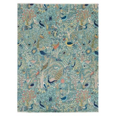 Modern Indian Oushak-Style Wool Rug - Teal Garden of Birds Design 9x12