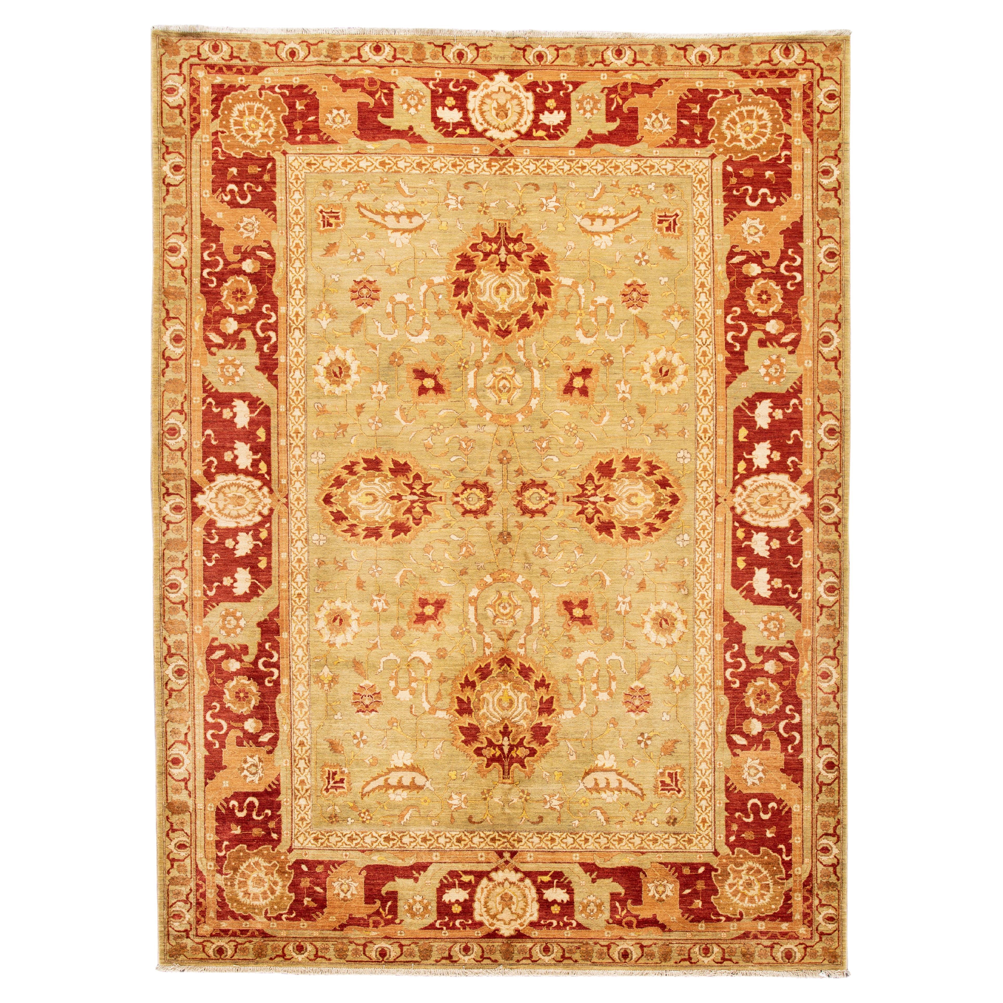 Modern Indian Peshawar Beige Wool Rug With Floral Design