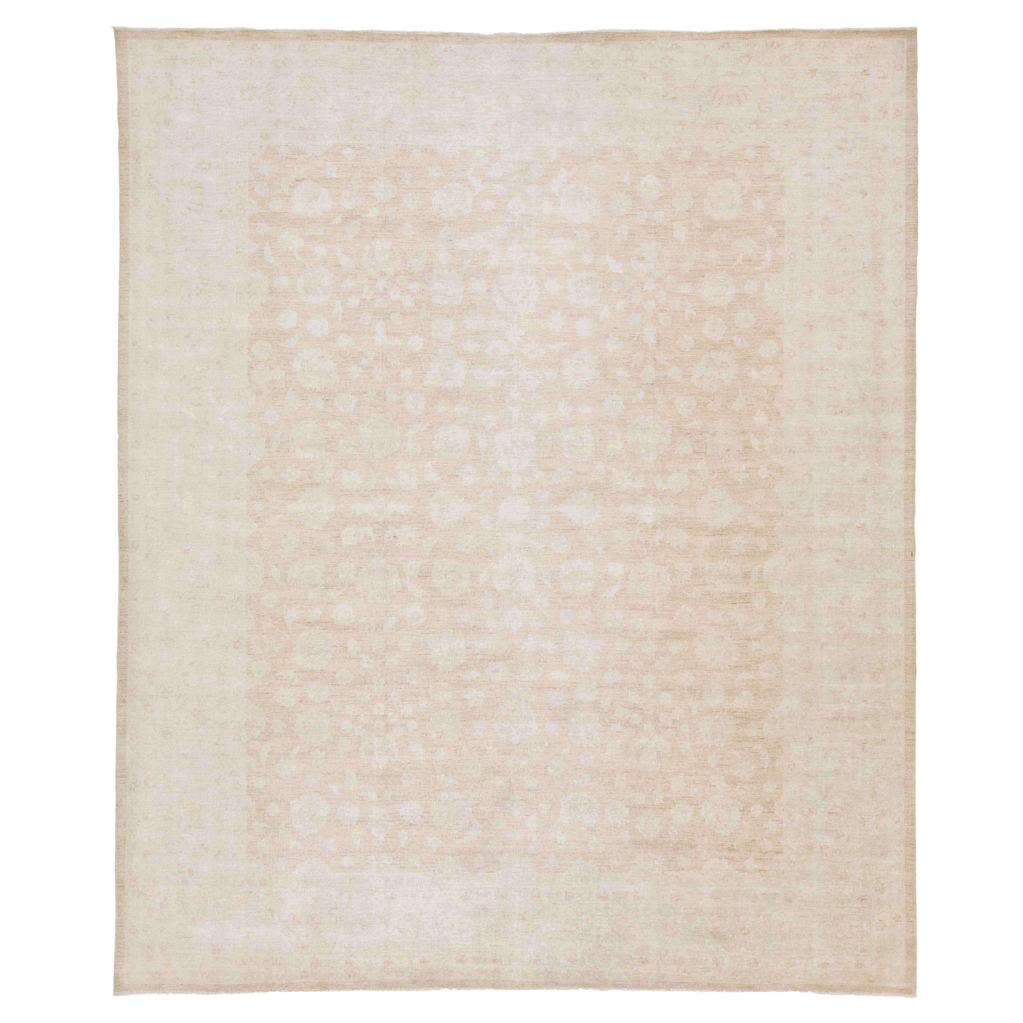 Modern Indian Peshawar Handknotted Floral Wool Rug in Pale Brown