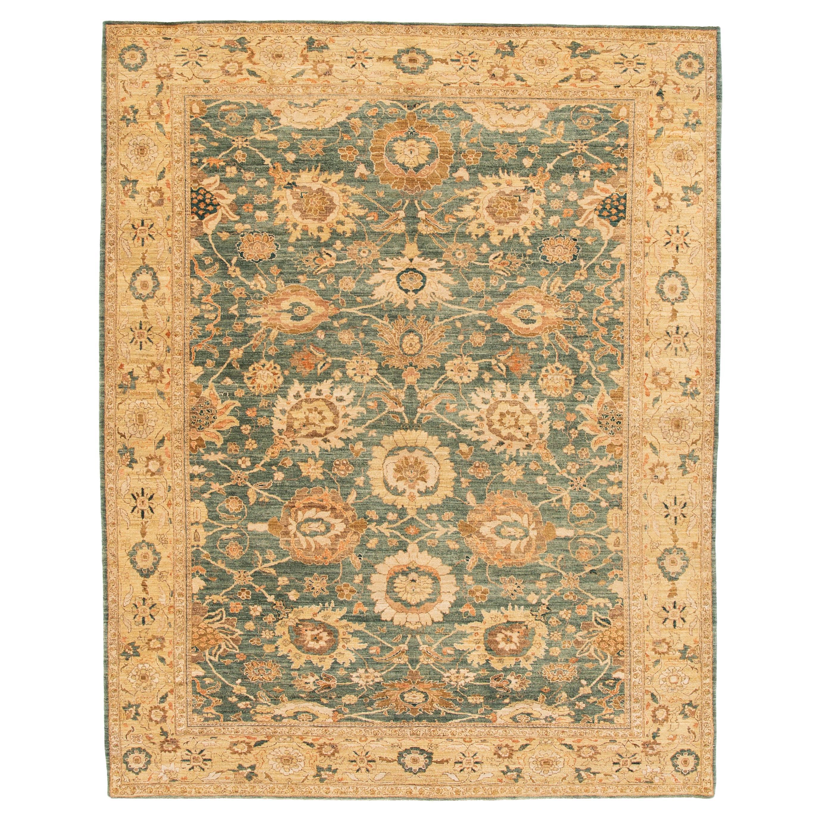 Modern Indian Peshawar Handmade Floral Wool Rug In Green