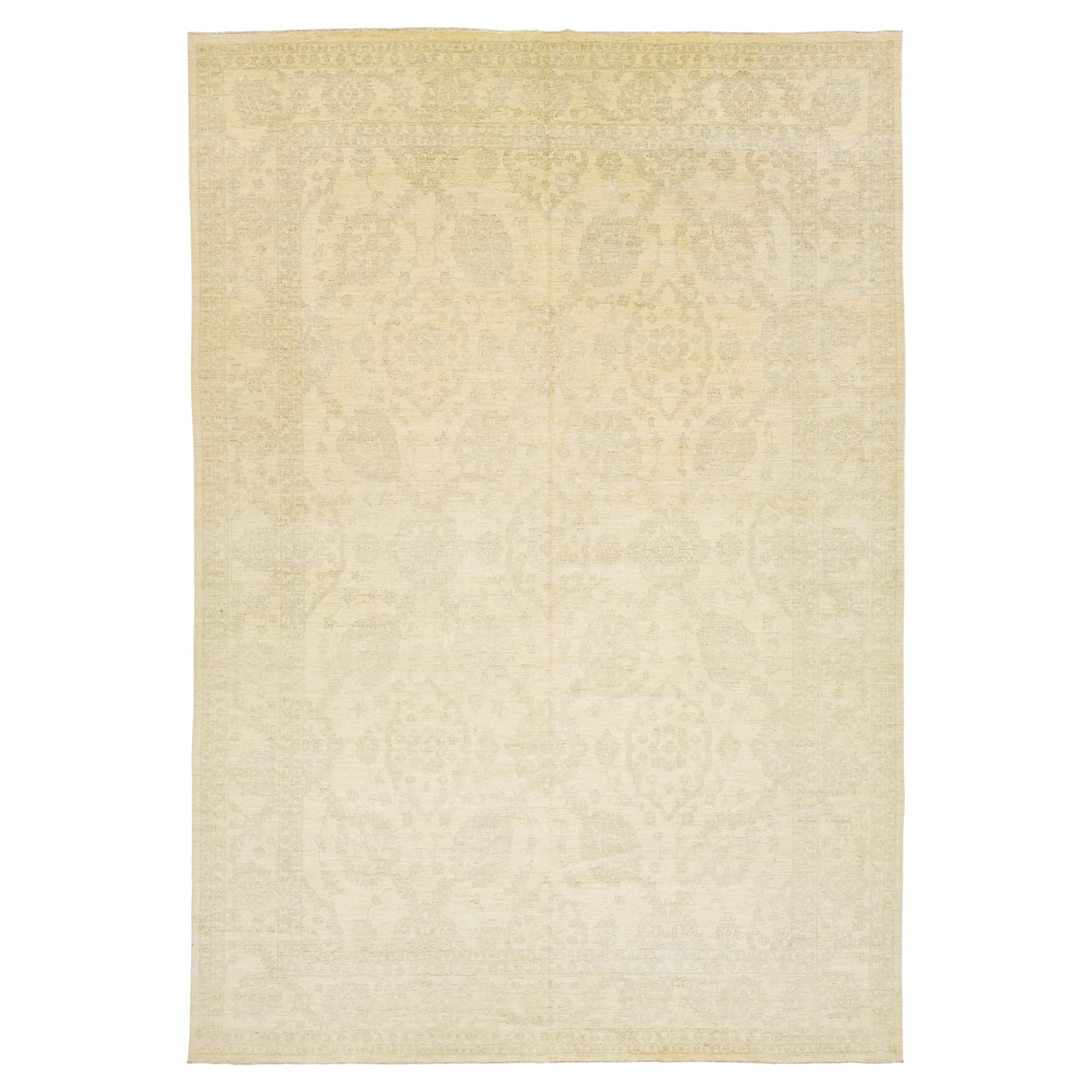 Modern Indian Peshawar Oversized Wool Rug In Beige With Allover Design